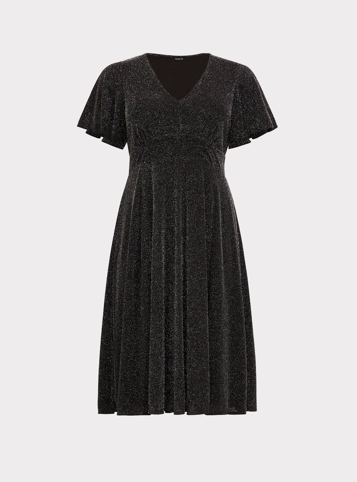 Plus Size Black Shimmer Midi Skater Dress, , hi-res