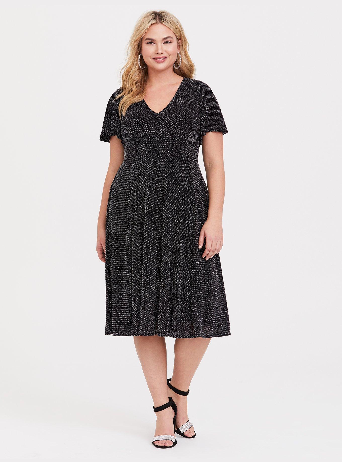 Plus Size Black Shimmer Midi Skater Dress, , hi-res