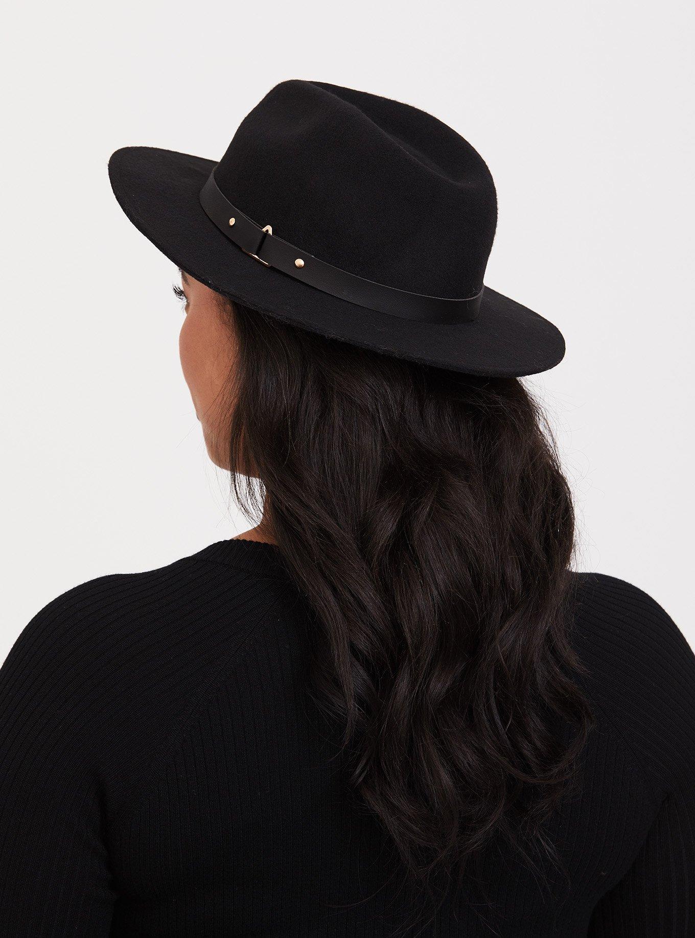 Plus Size Black Felt Fedora Trim Hat, BLACK, alternate