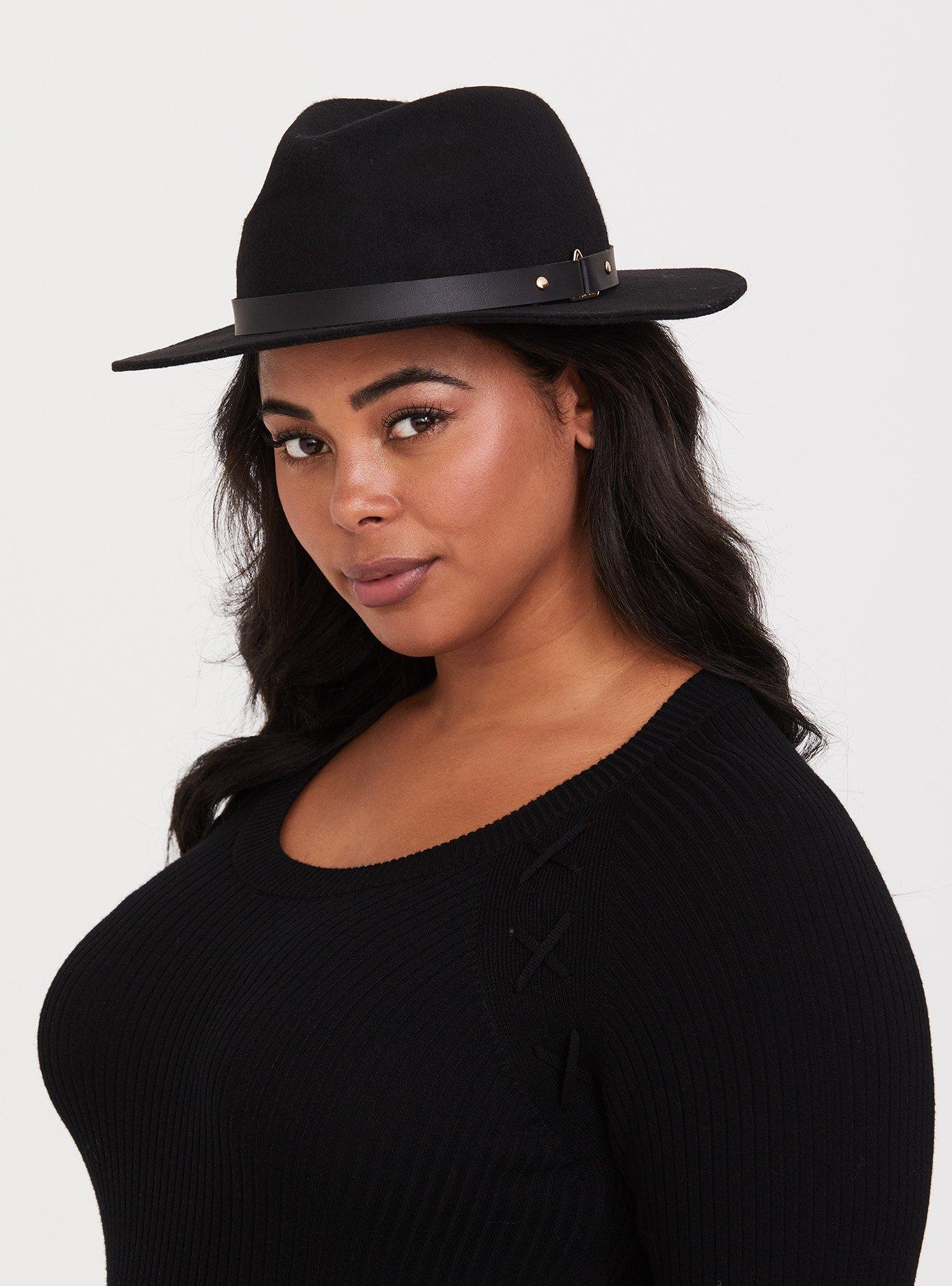 Plus Size - Black Felt Fedora Trim Hat - Torrid