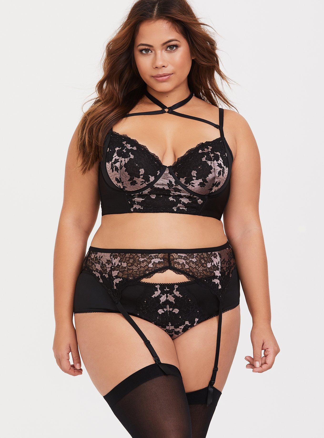 Plus Size Two Tone Lace Underwire Bra, RICH BLACK LOTUS, alternate