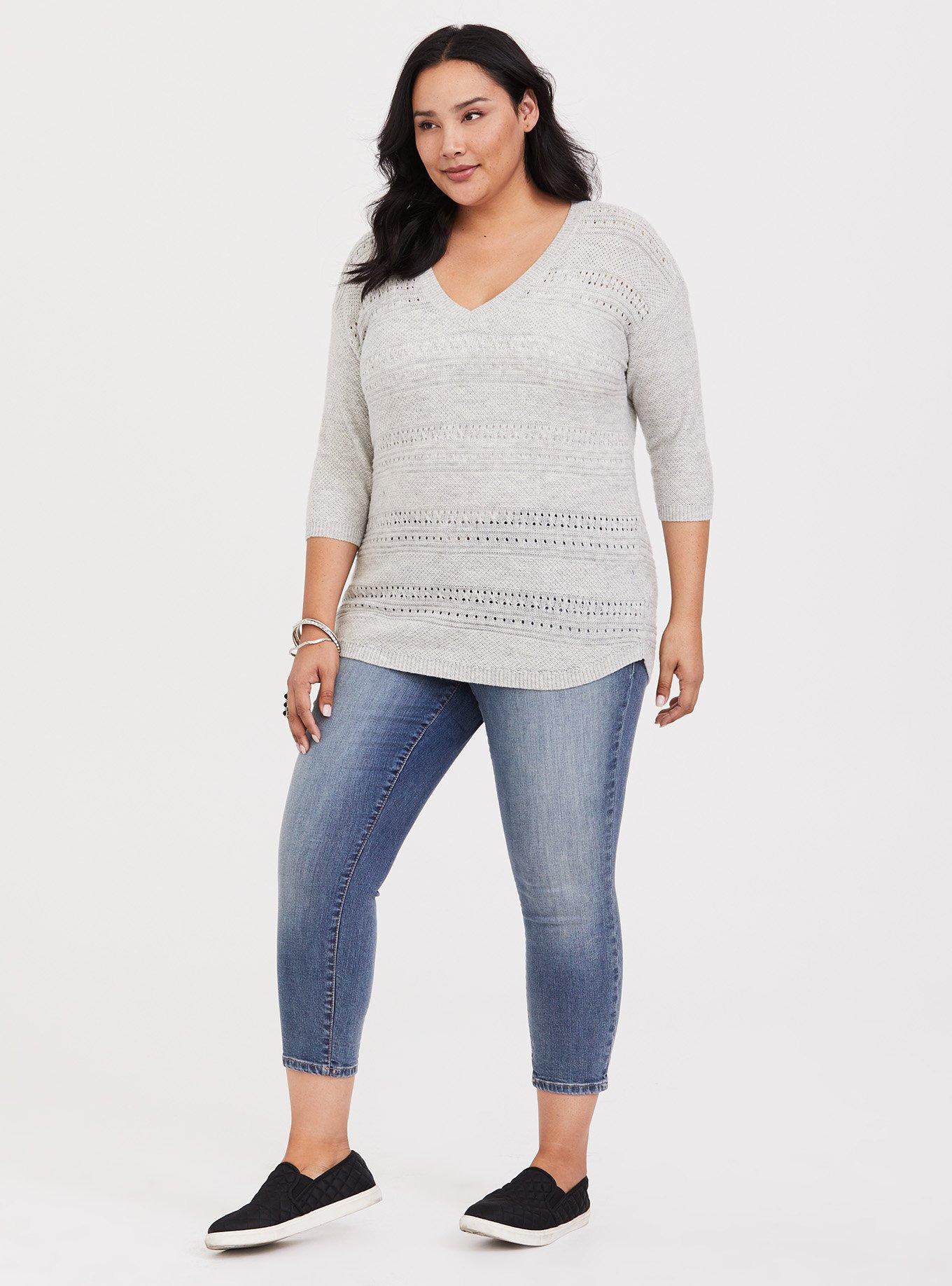 Pointelle Pullover V-Neck Tunic Sweater, STONE, alternate