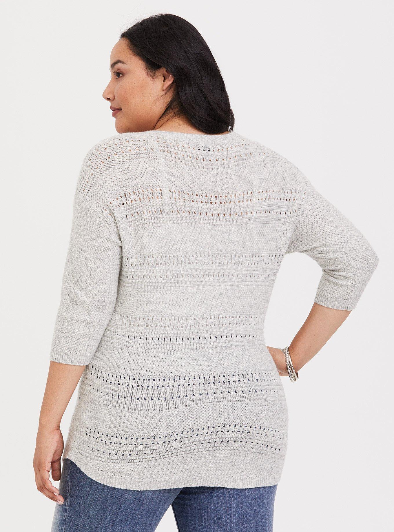 Pointelle Pullover V-Neck Tunic Sweater, STONE, alternate