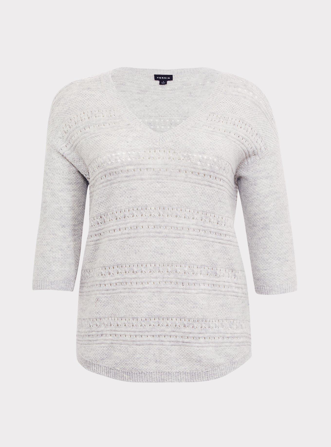 Pointelle Pullover V-Neck Tunic Sweater, STONE, hi-res