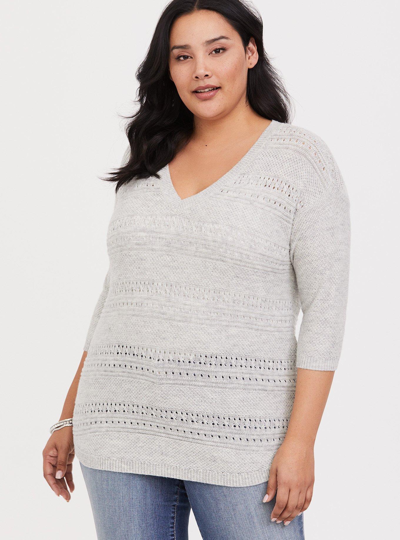 Pointelle Pullover V-Neck Tunic Sweater, STONE, hi-res