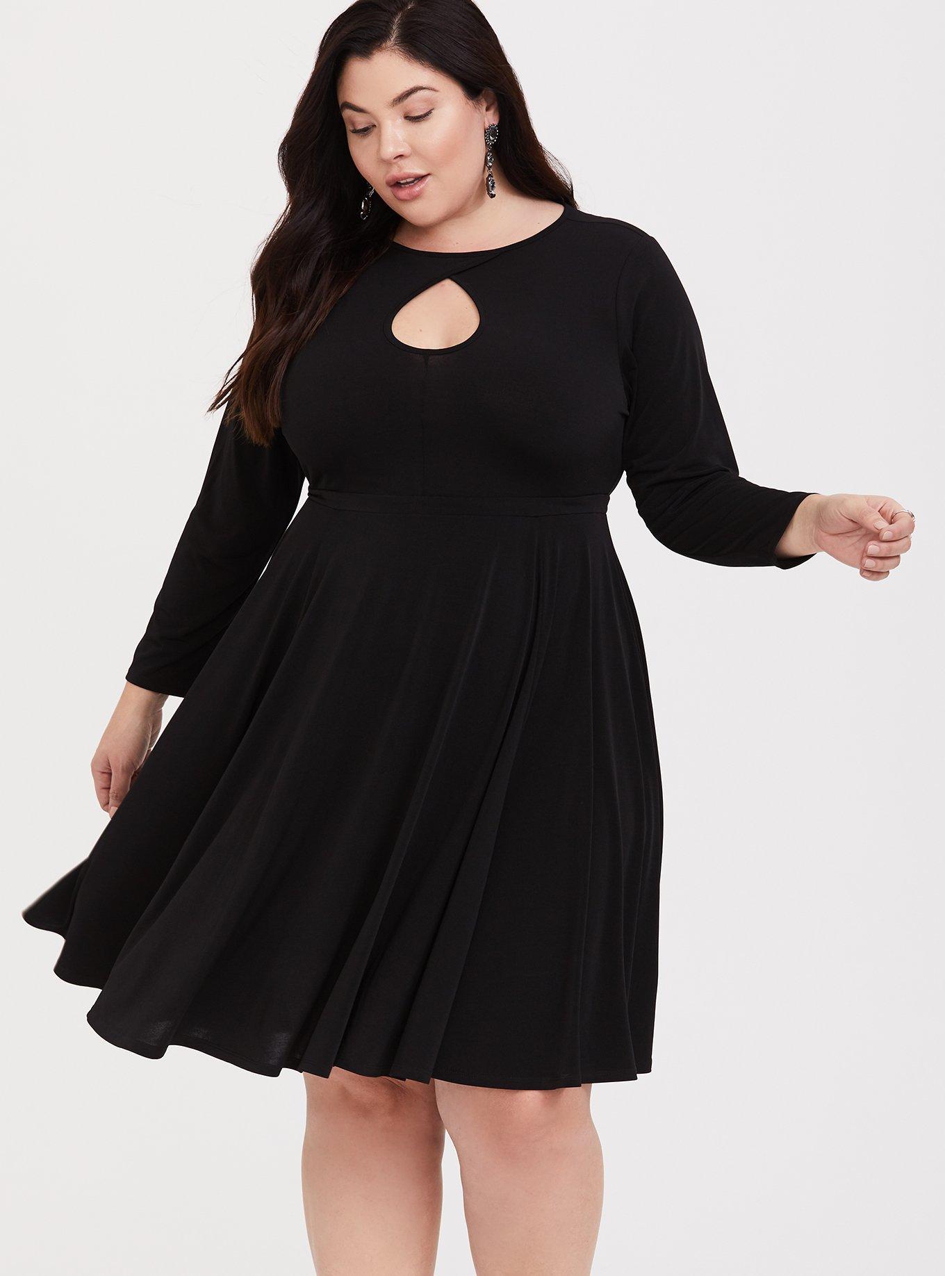 Plus Size Black Studio Knit Keyhole Skater Dress, DEEP BLACK, alternate