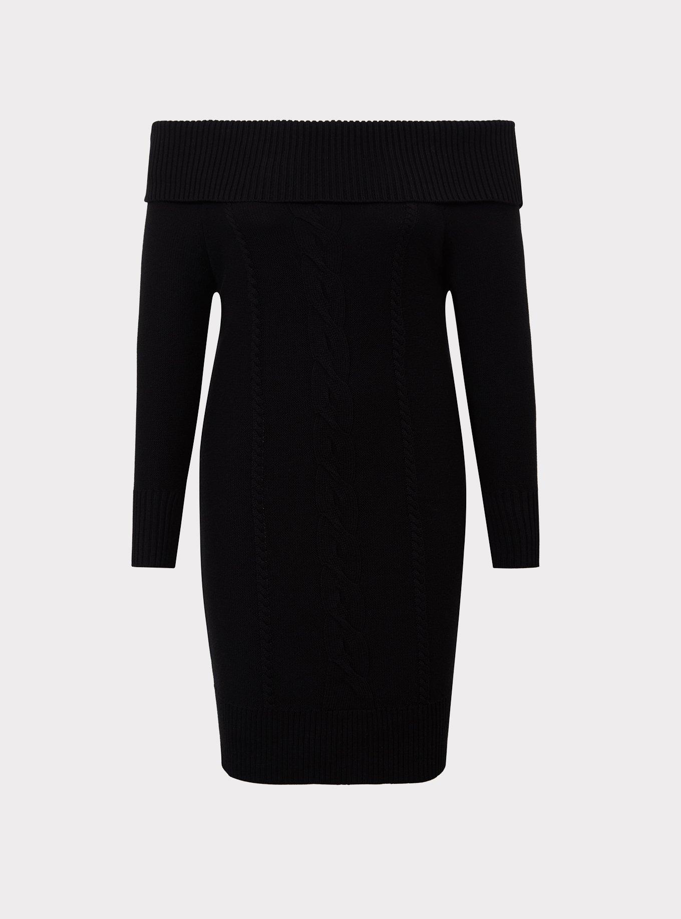 Plus Size - Black Off Shoulder Cable Knit Sweater Dress - Torrid