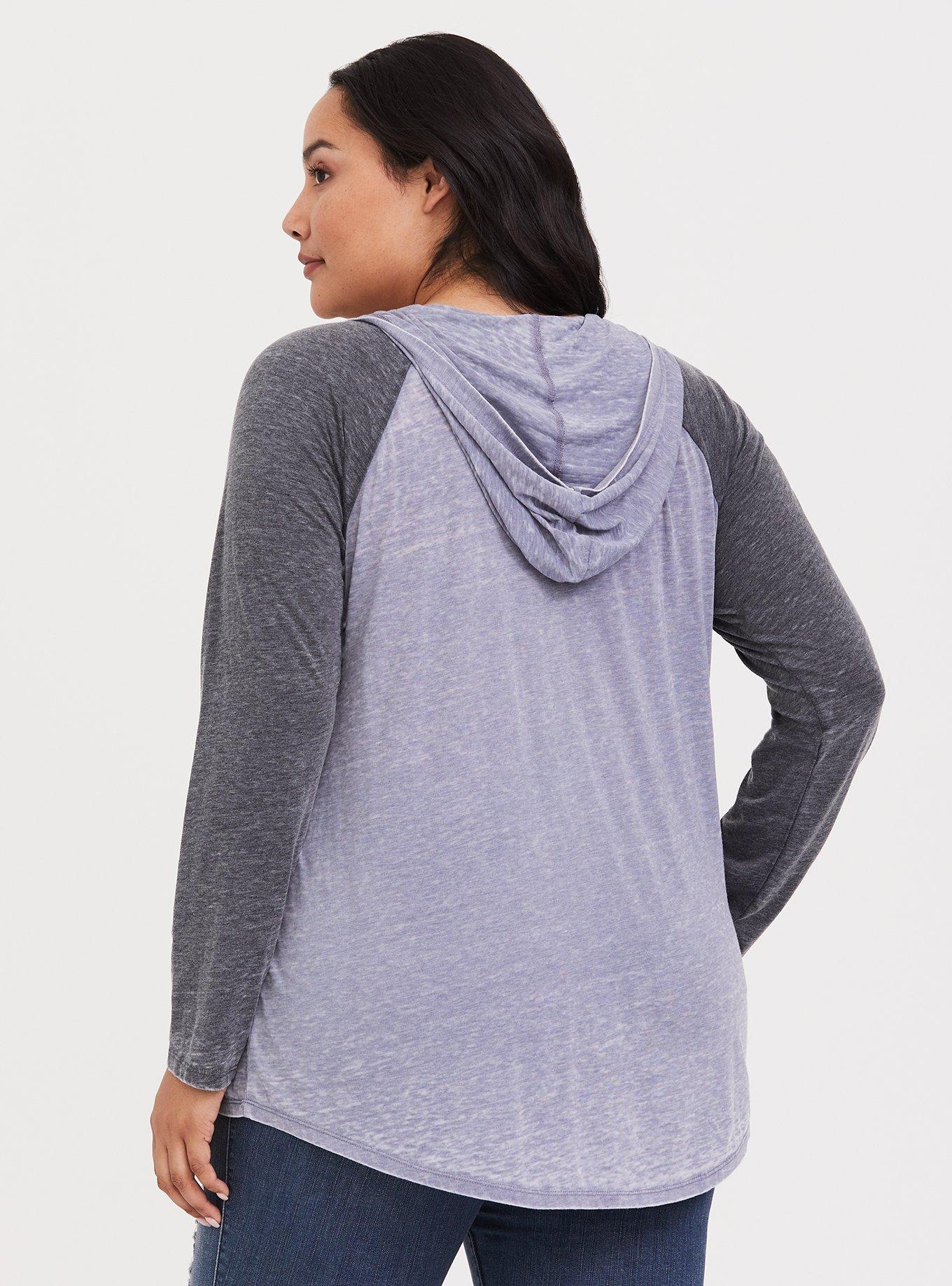 Plus Size Washed Black & Blue Henley Hoodie Pullover, FOLKSTONE GRAY, alternate