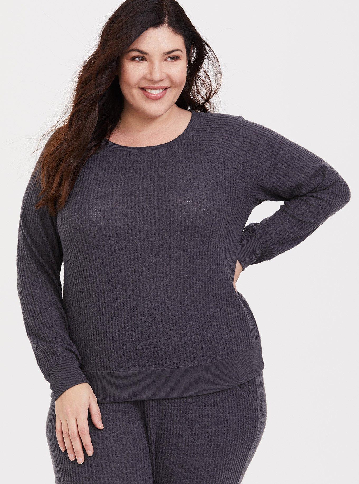 Plus Size Grey Waffle Knit Lounge Sweatshirt, , hi-res