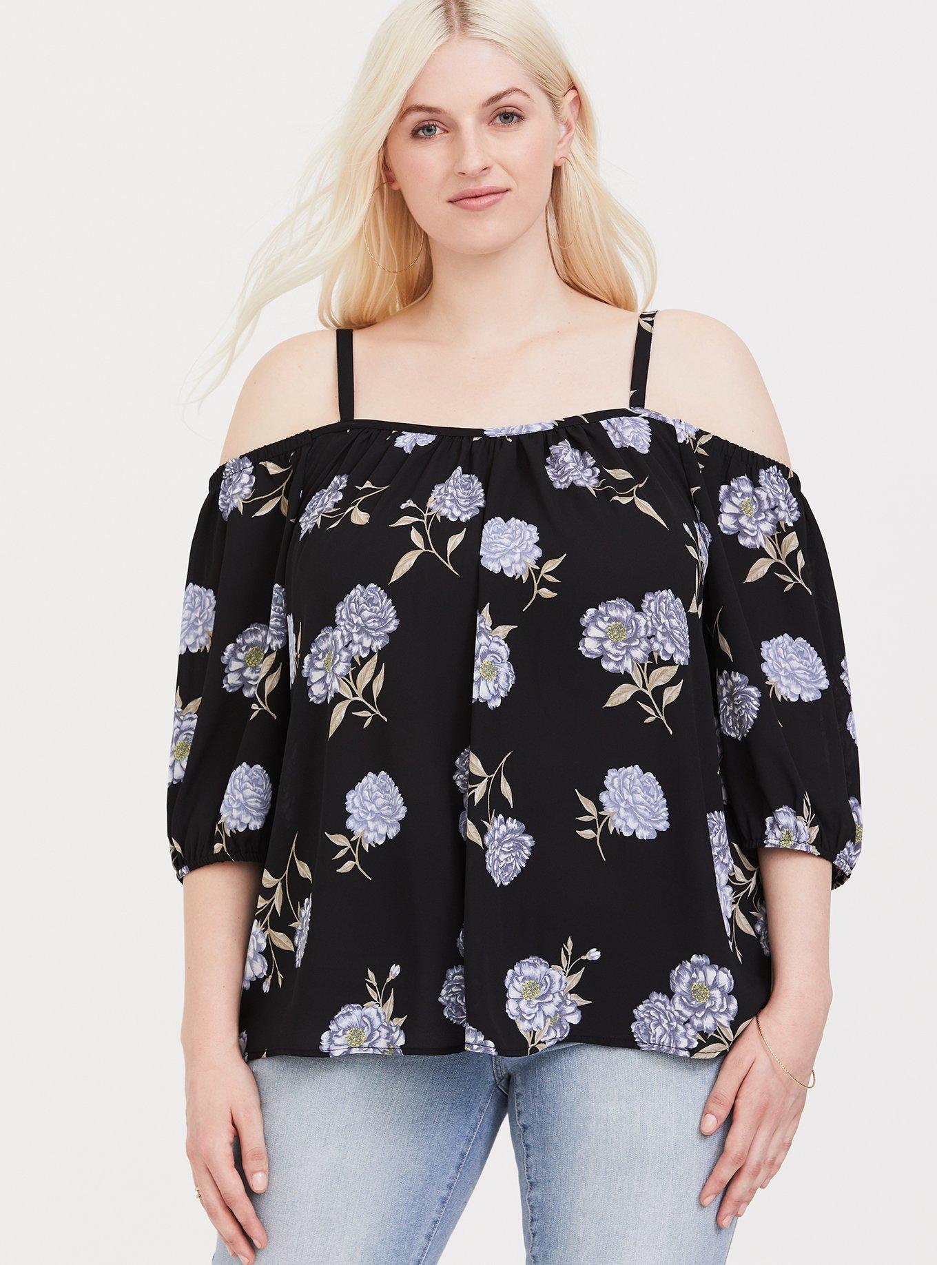 Plus Size Georgette Cold Shoulder Blouse, FLUFFY FLOWER STEMS, alternate