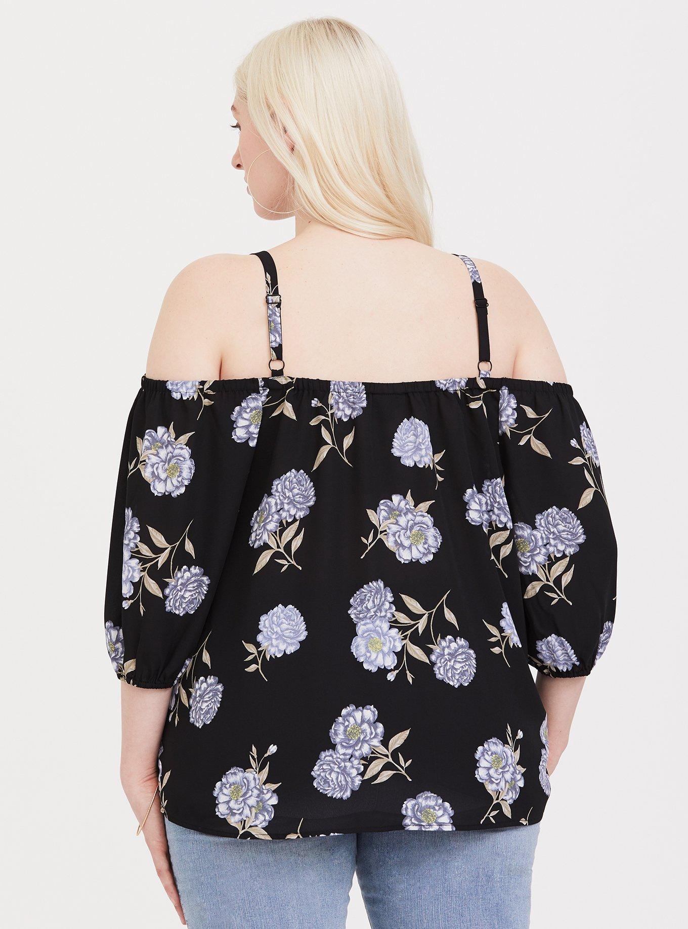 Plus Size Georgette Cold Shoulder Blouse, FLUFFY FLOWER STEMS, alternate