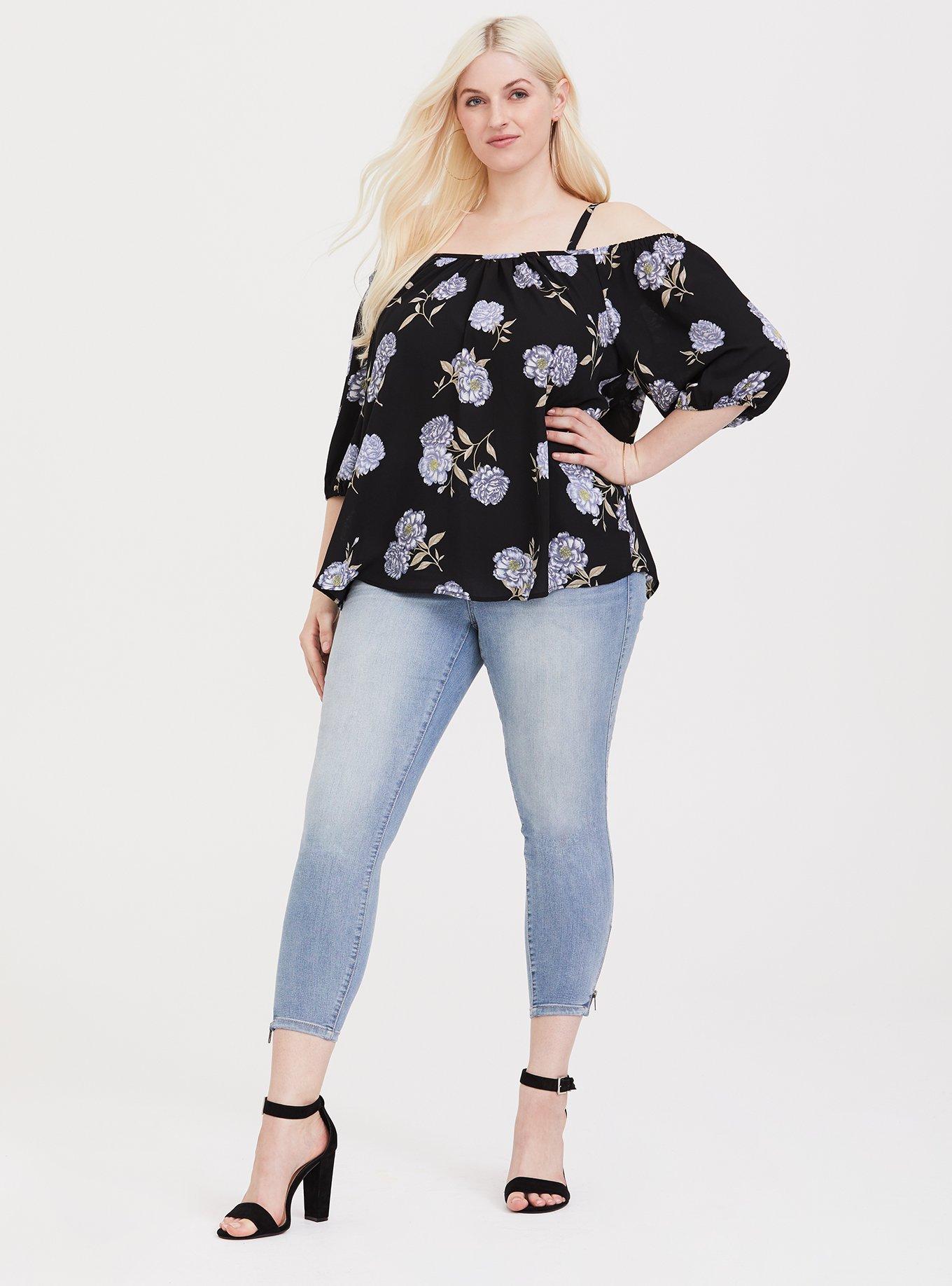 Georgette Cold Shoulder Blouse, FLUFFY FLOWER STEMS, hi-res