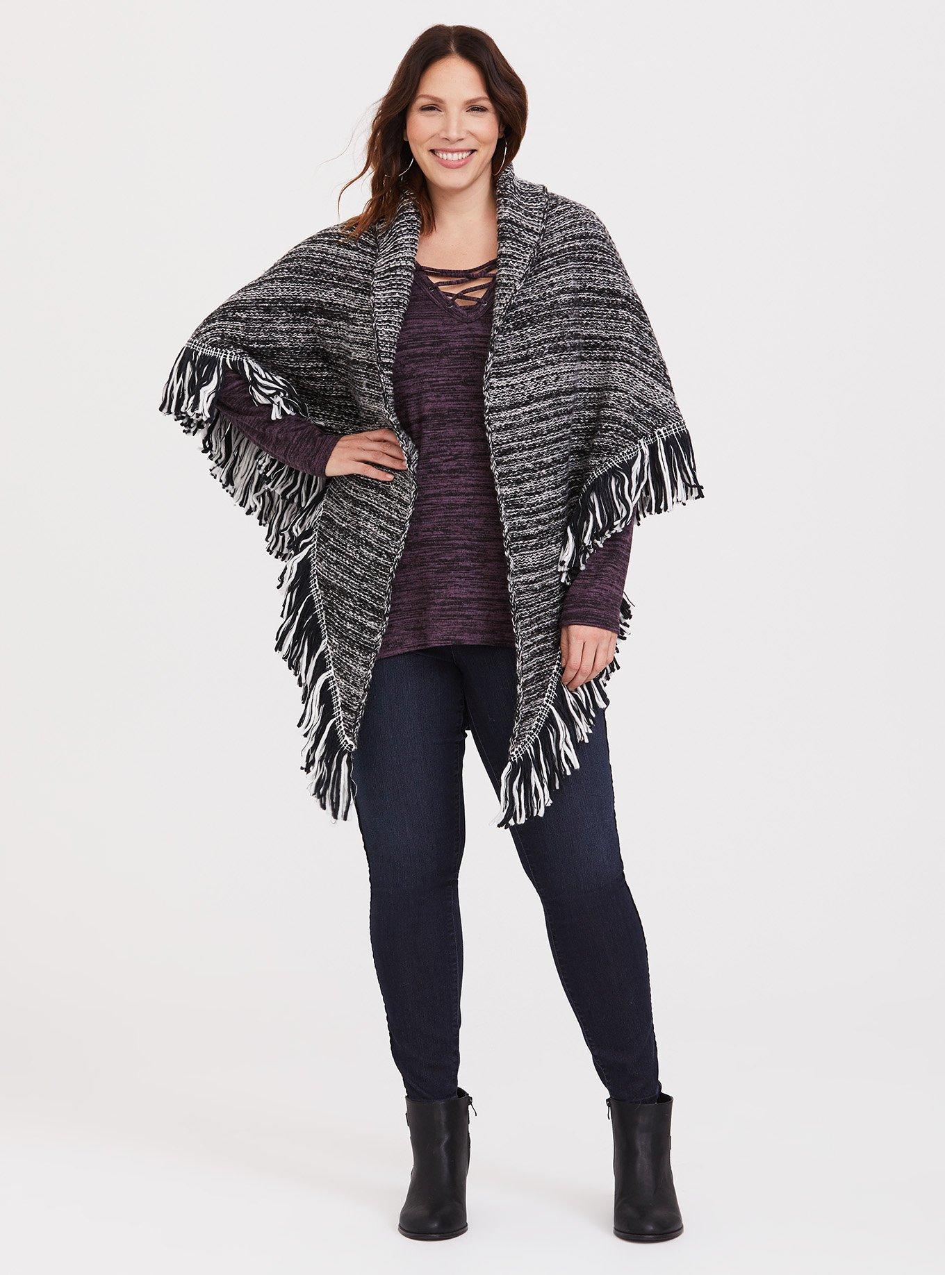 Plus Size - Black Grey Fringe Ruana - Torrid