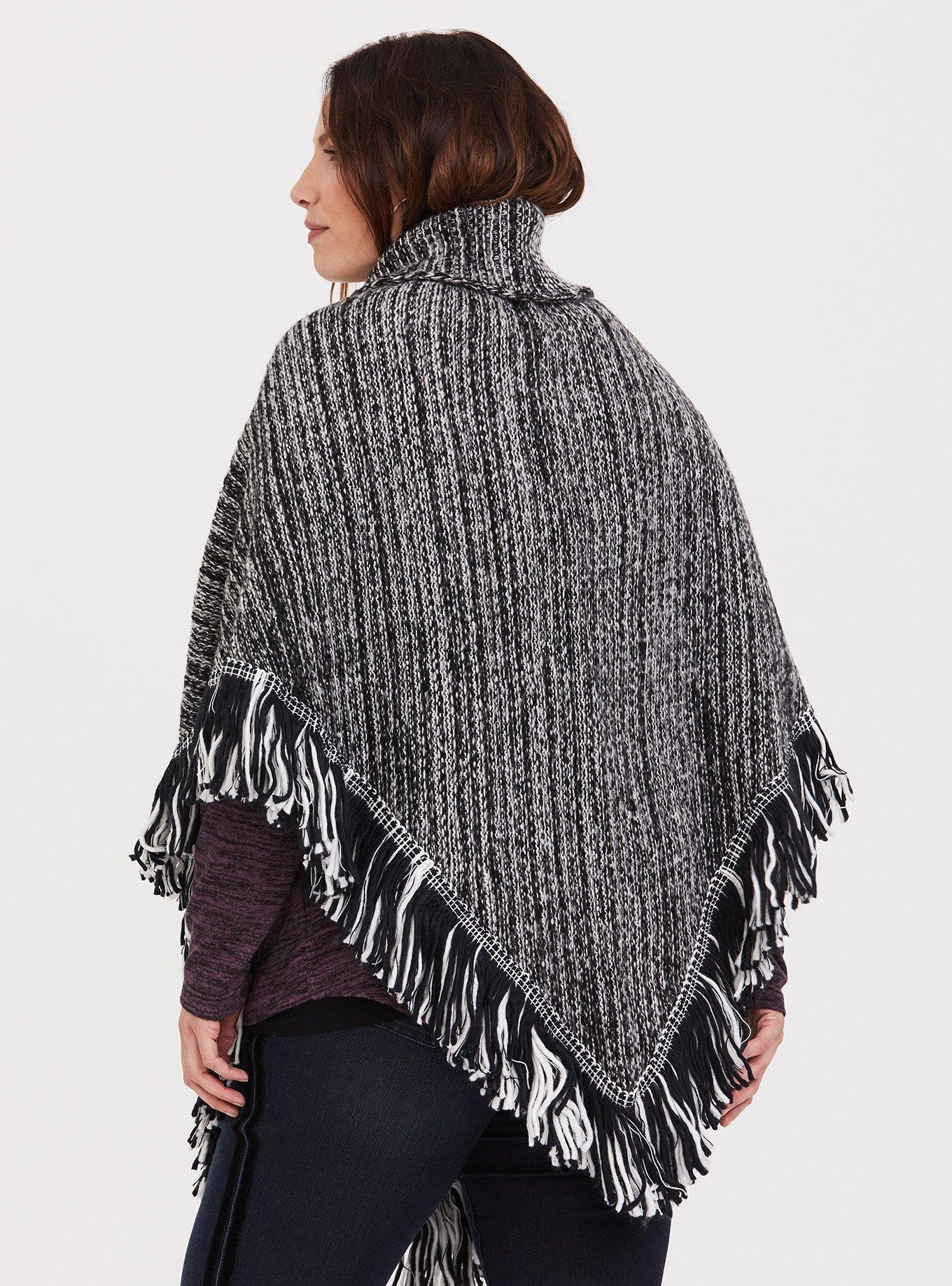 Black Grey Fringe Ruana, , alternate