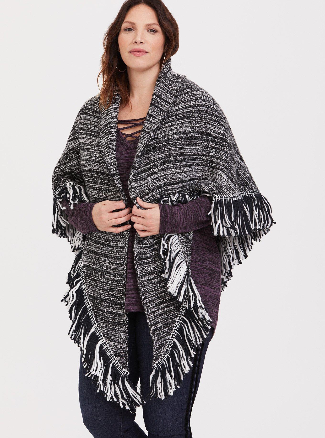 Plus Size - Black Grey Fringe Ruana - Torrid