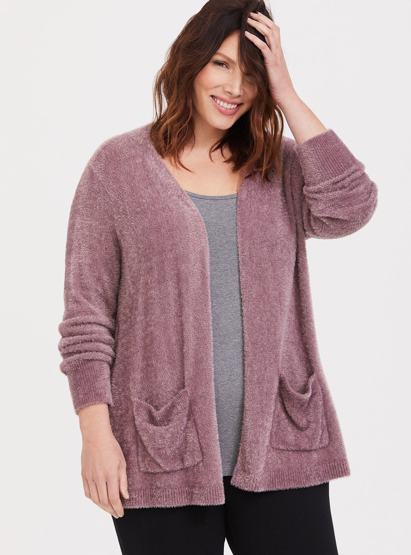 Plus Size - Dusty Burgundy Feather Yarn Lounge Cardigan - Torrid