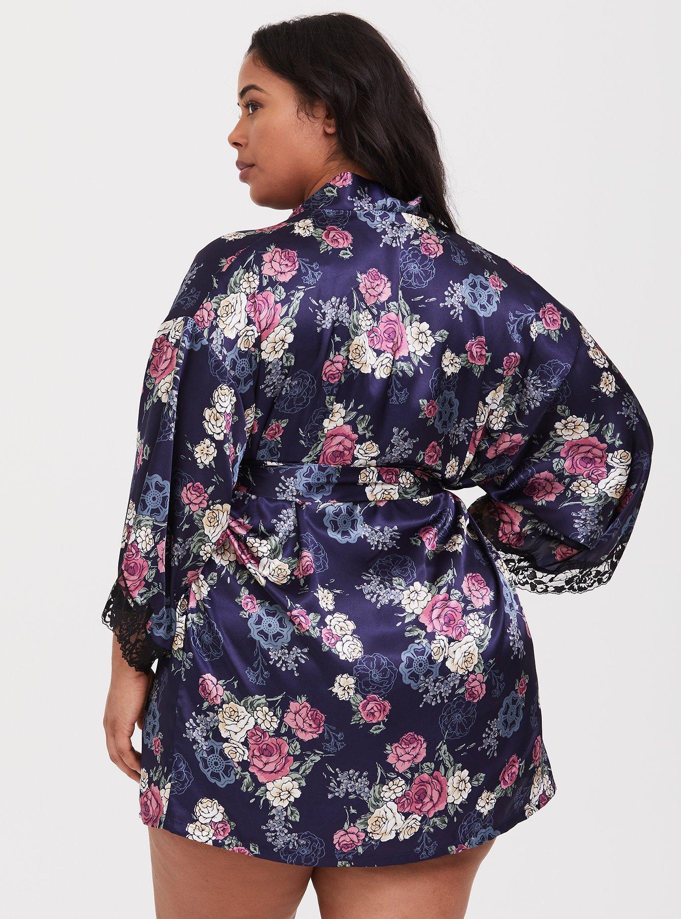 Plus Size Outlander Satin & Lace Robe, FLORAL, alternate