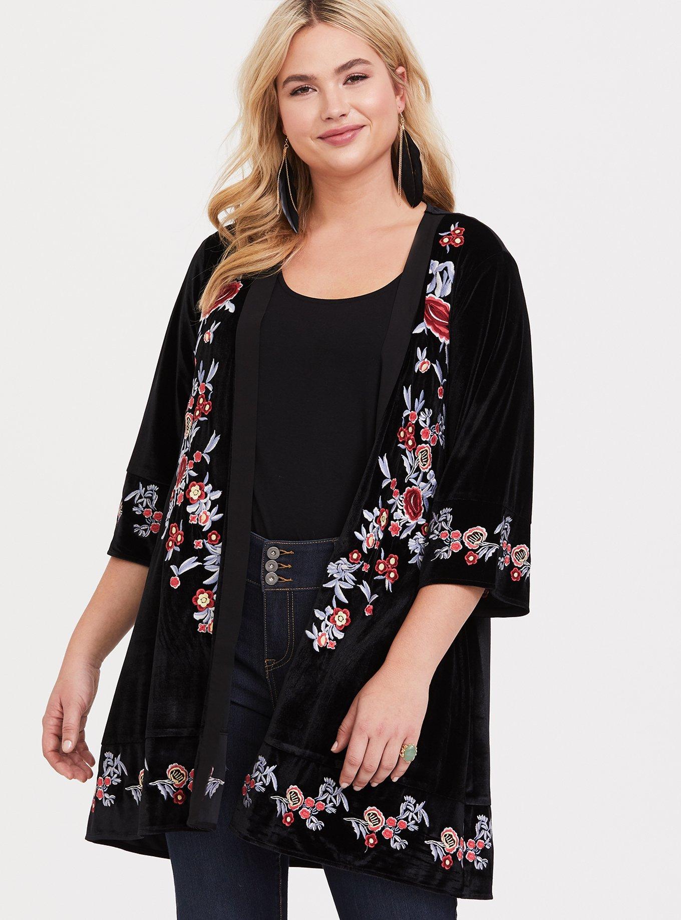 Black Velvet Embroidered Kimono, BLACK, alternate