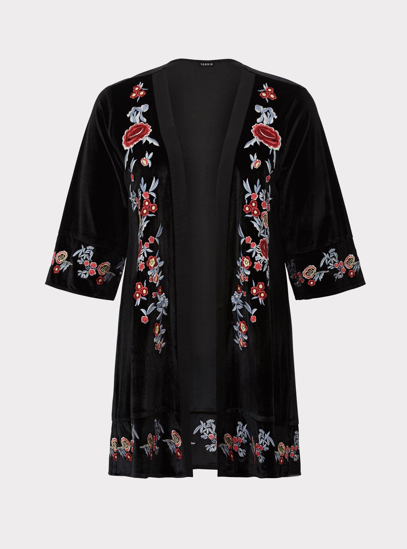 Black Velvet Embroidered Kimono, BLACK, hi-res