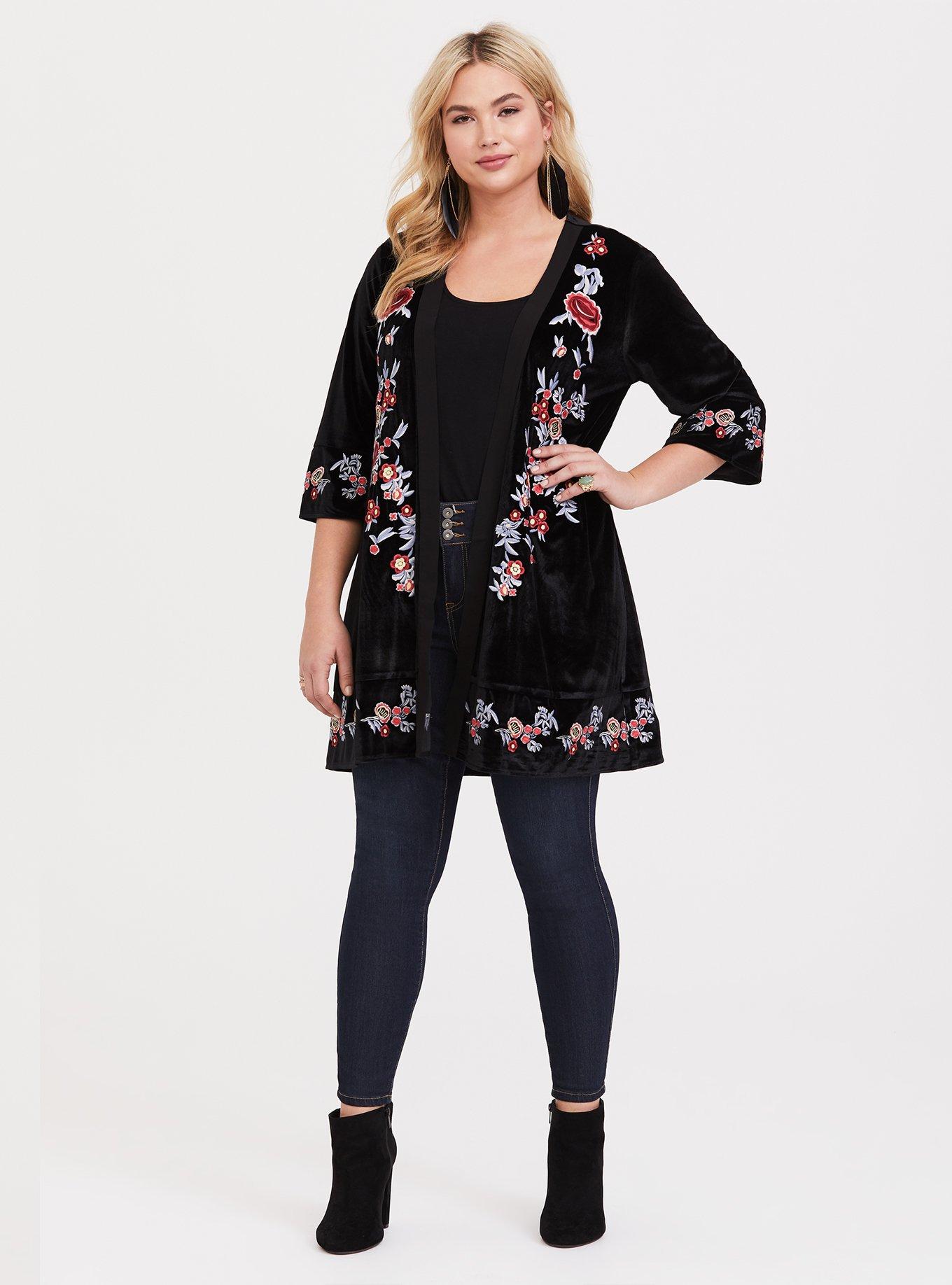 Black Velvet Embroidered Kimono, BLACK, hi-res