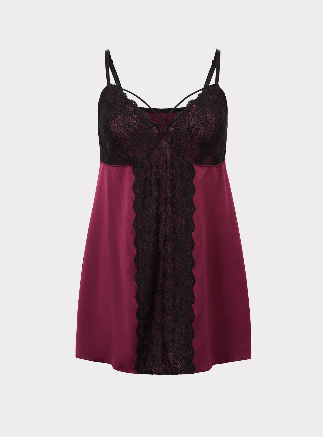 Merlot Satin & Lace Babydoll, MERLOT, hi-res