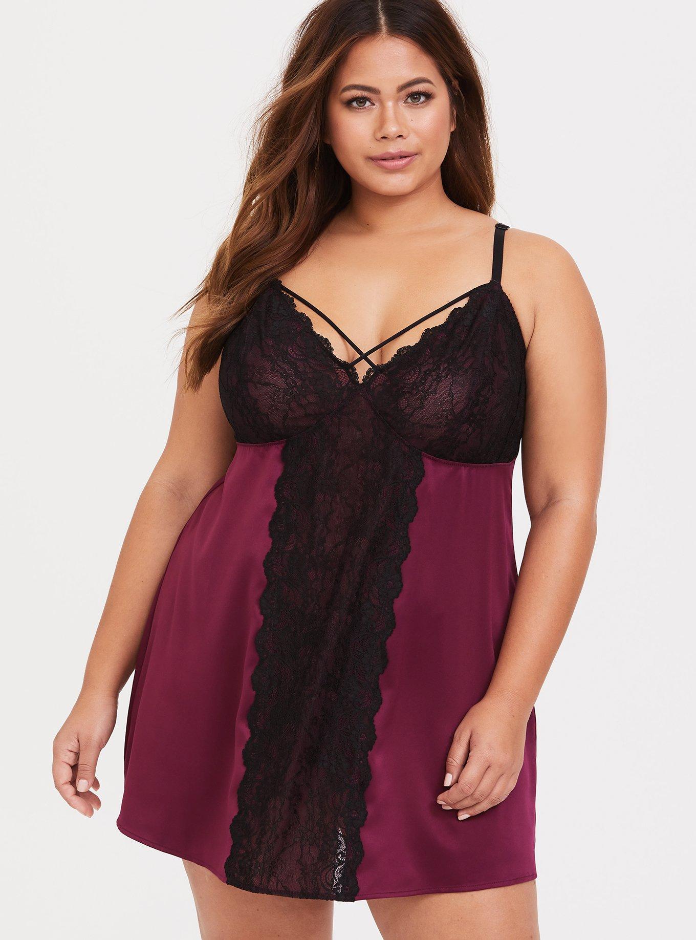 Merlot Satin & Lace Babydoll, MERLOT, hi-res