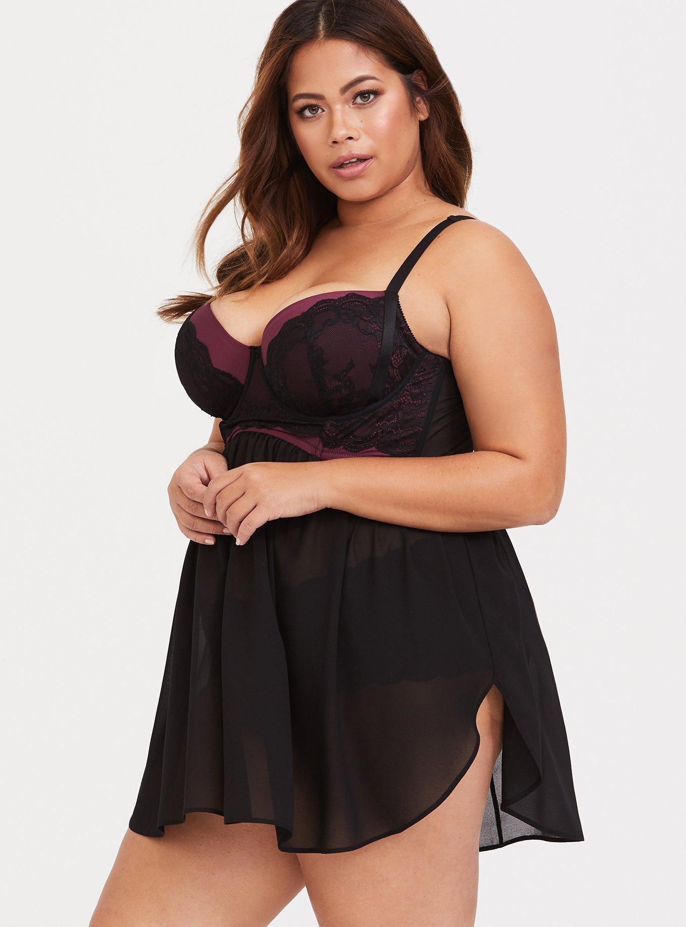 Plus Size Contrast Lace Babydoll, DUSTY PLUM, alternate