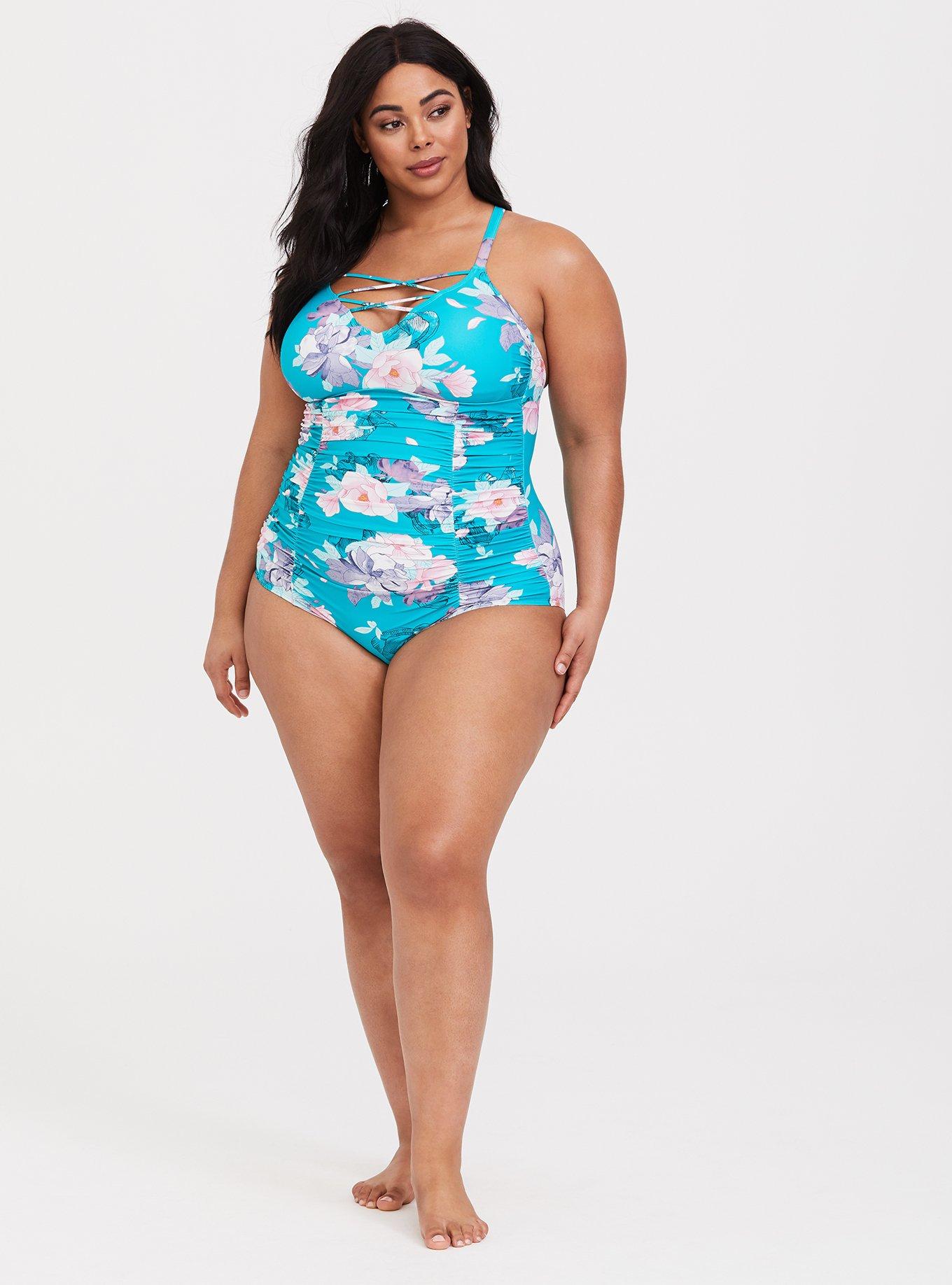 Plus Size Wireless Ruched Strappy Front One Piece Swimsuit, , alternate