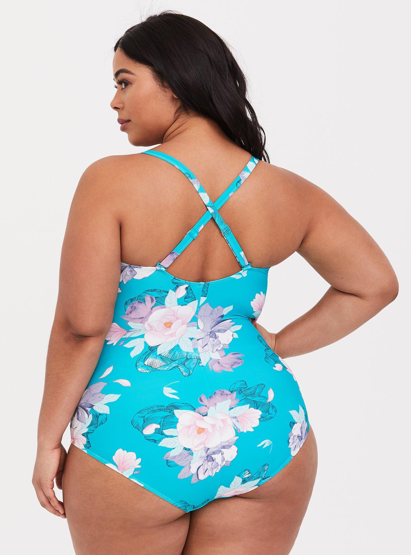 Plus Size Wireless Ruched Strappy Front One Piece Swimsuit, , alternate
