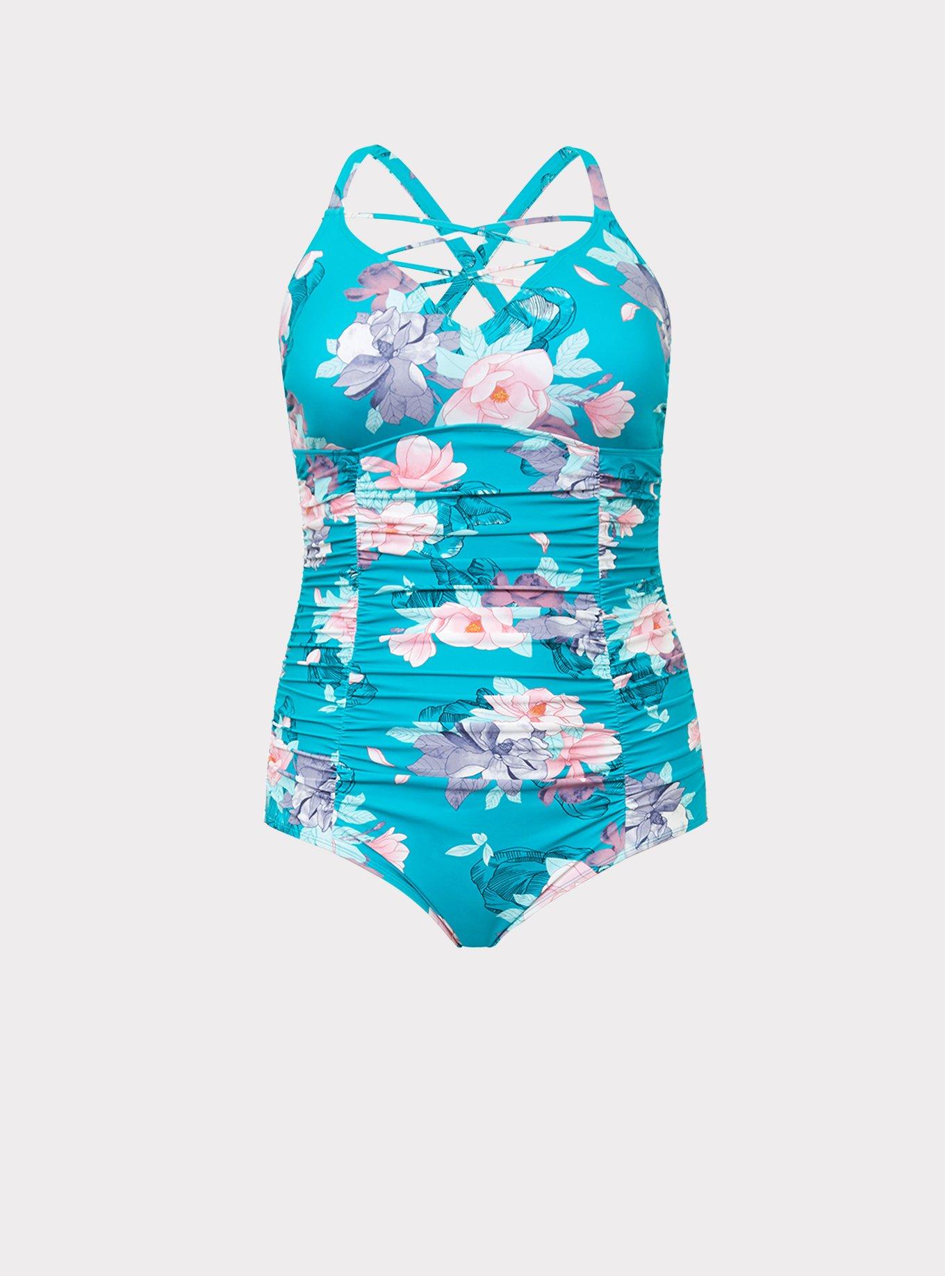 Plus Size Wireless Ruched Strappy Front One Piece Swimsuit, , hi-res