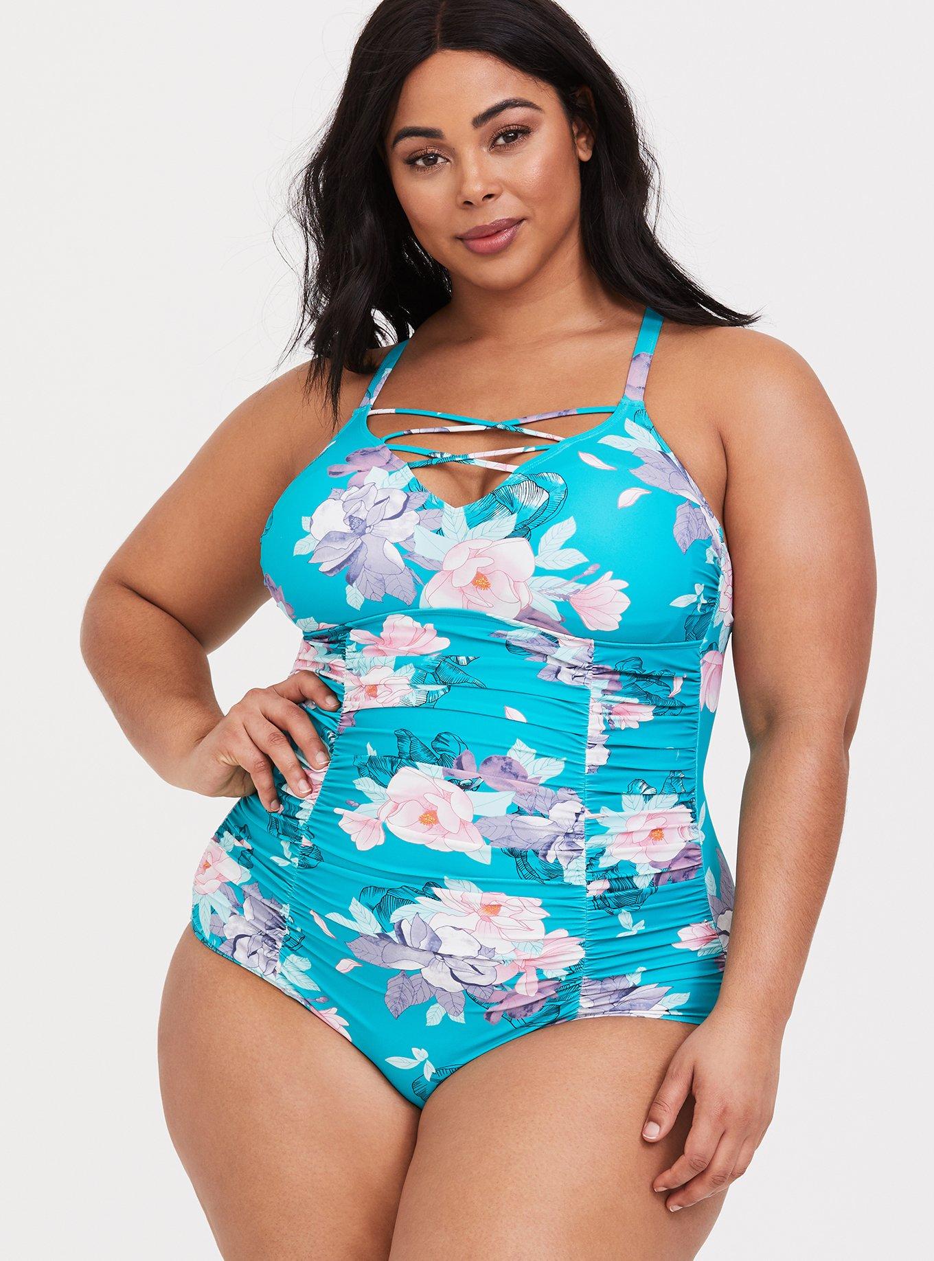 Plus Size Wireless Ruched Strappy Front One Piece Swimsuit, , hi-res