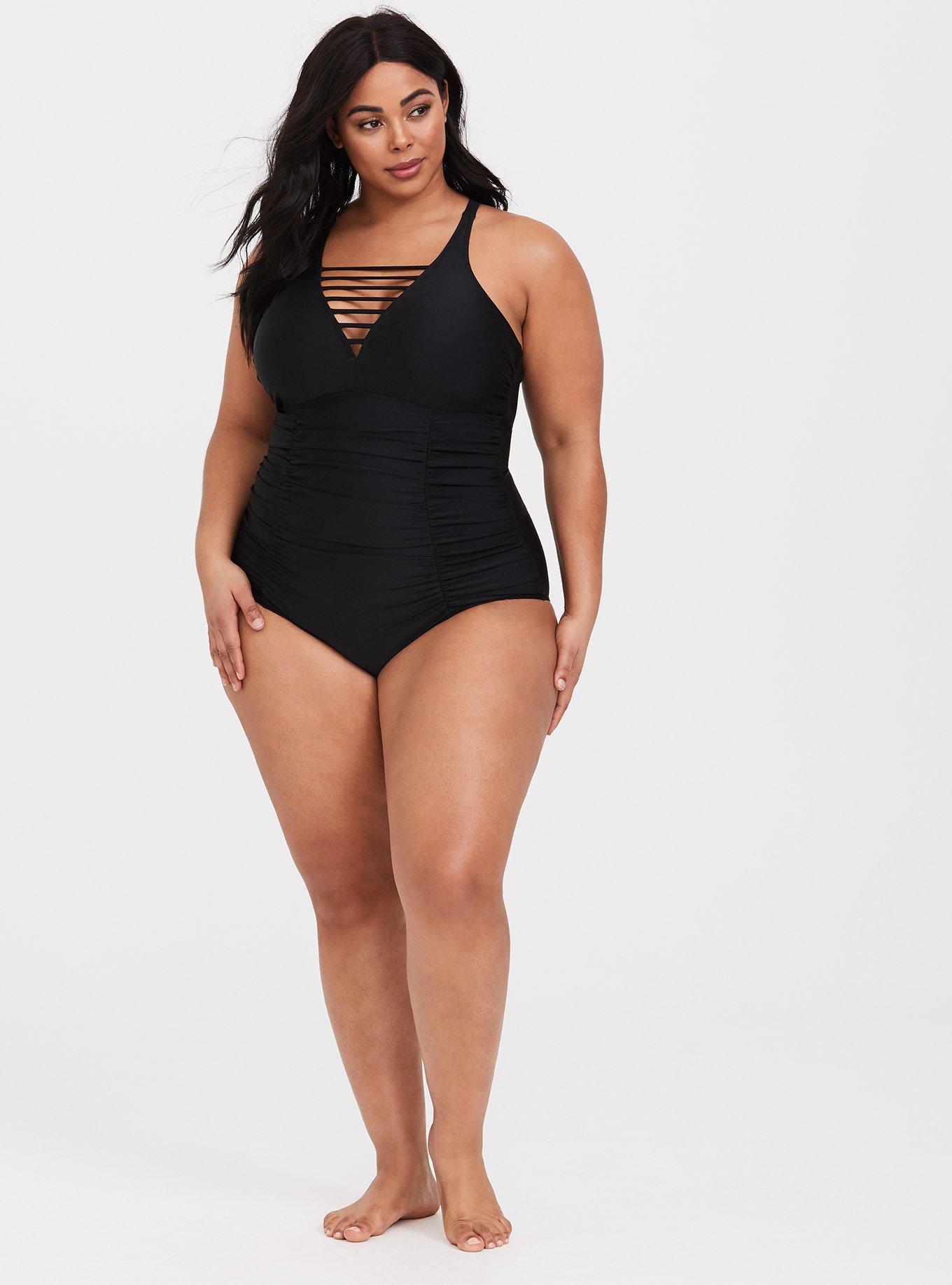 Plus Size Wireless Ladder Front One Piece Swimsuit, , alternate