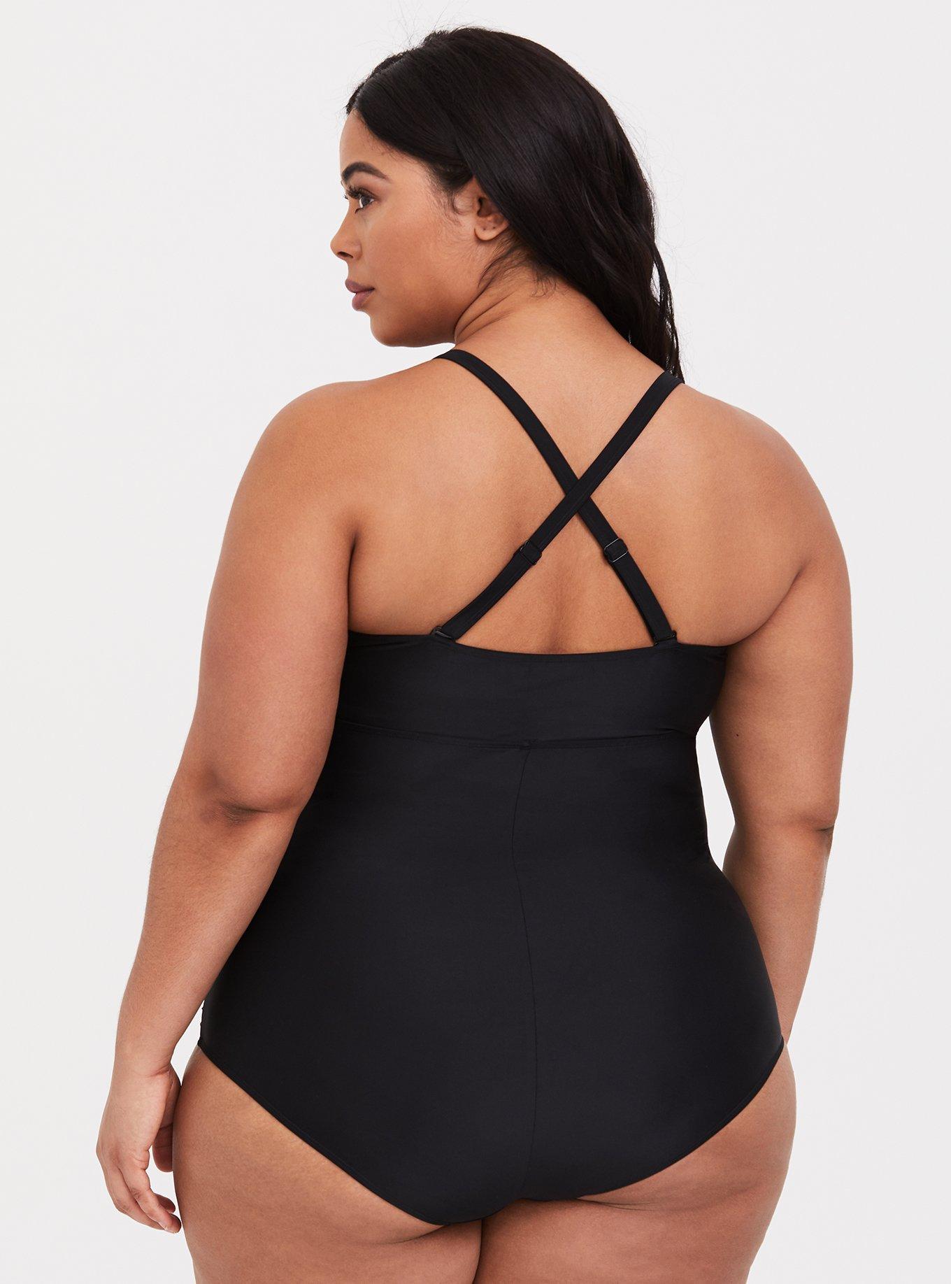 Plus Size Wireless Ladder Front One Piece Swimsuit, , alternate