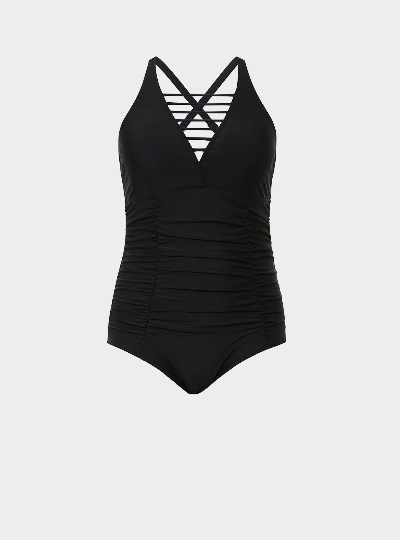Plus Size Wireless Ladder Front One Piece Swimsuit, , hi-res