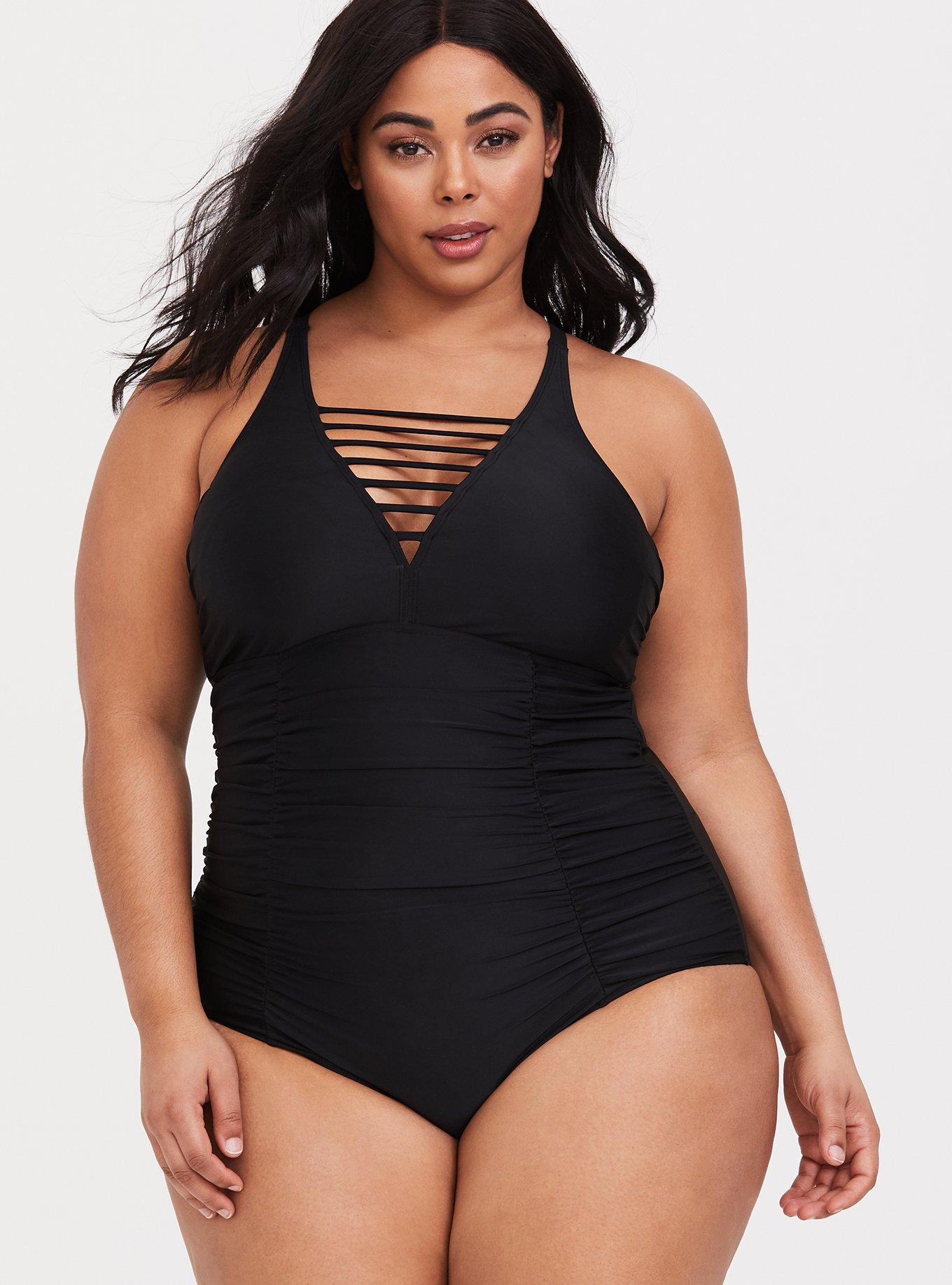 Plus Size Wireless Ladder Front One Piece Swimsuit, , hi-res