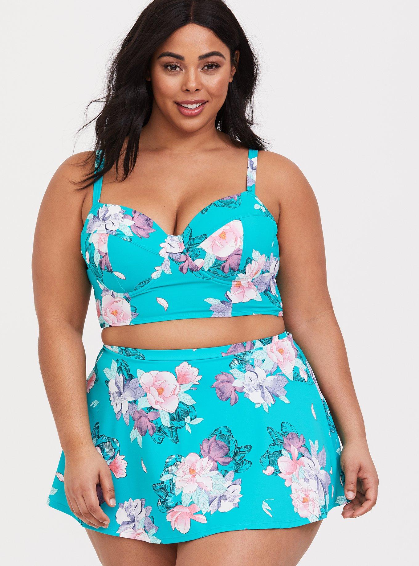 Plus Size Aqua Floral Underwire Bikini Top, , hi-res