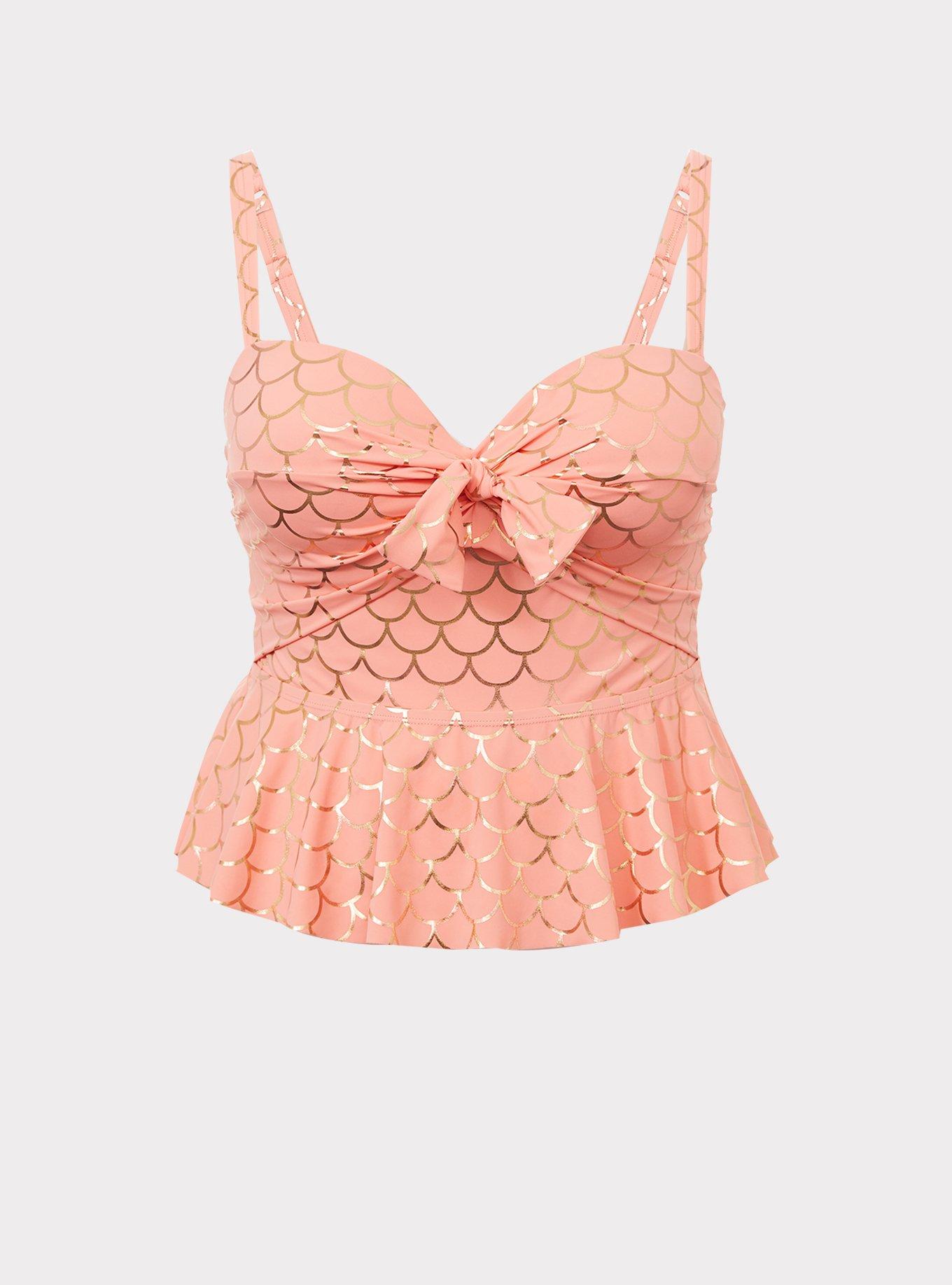 Plus Size Peach Pink & Rose Gold Mermaid Tie Front Underwire Peplum Midkini Top, , hi-res
