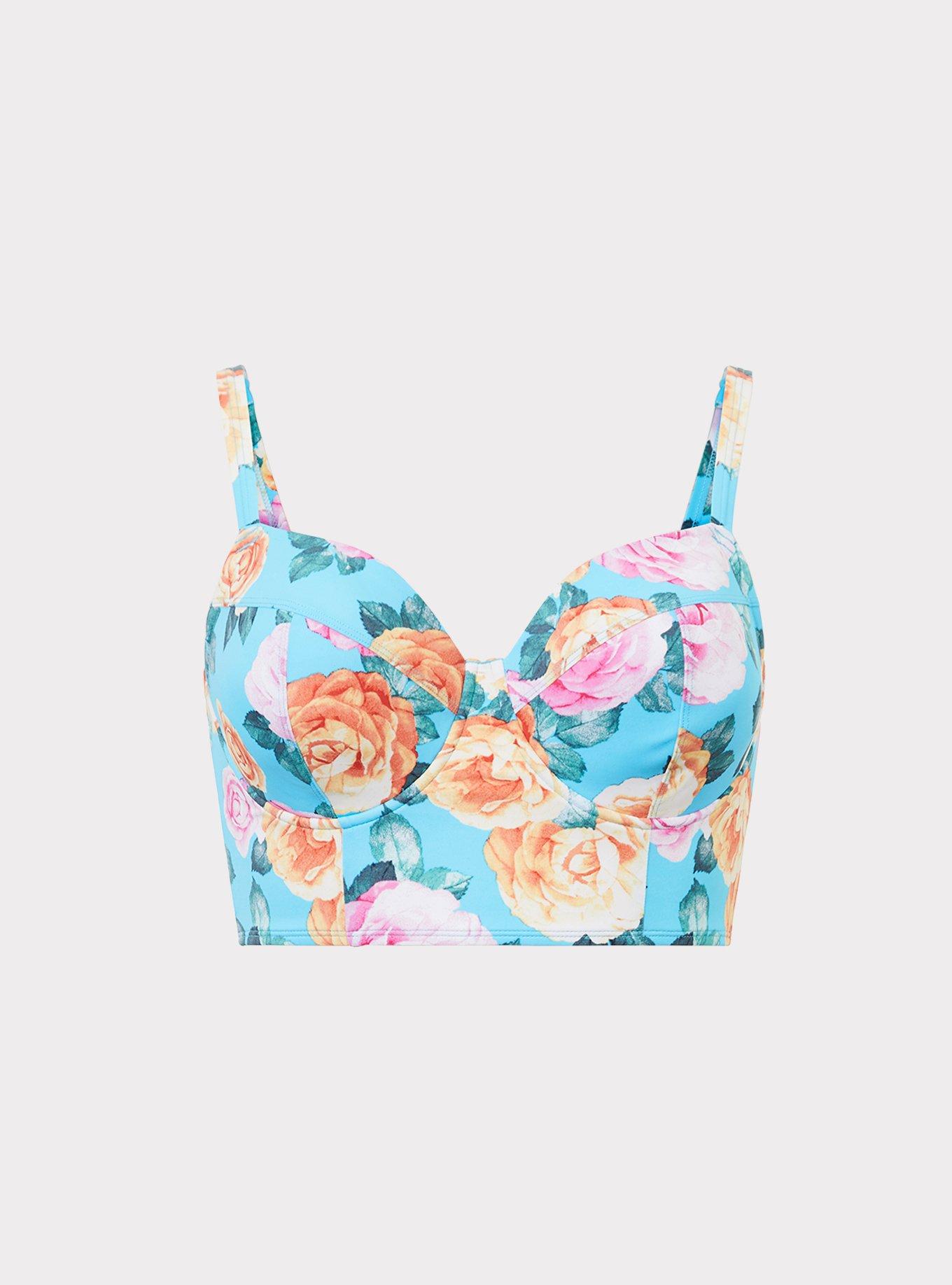 Aqua Blue Floral Underwire Bikini Top, , hi-res