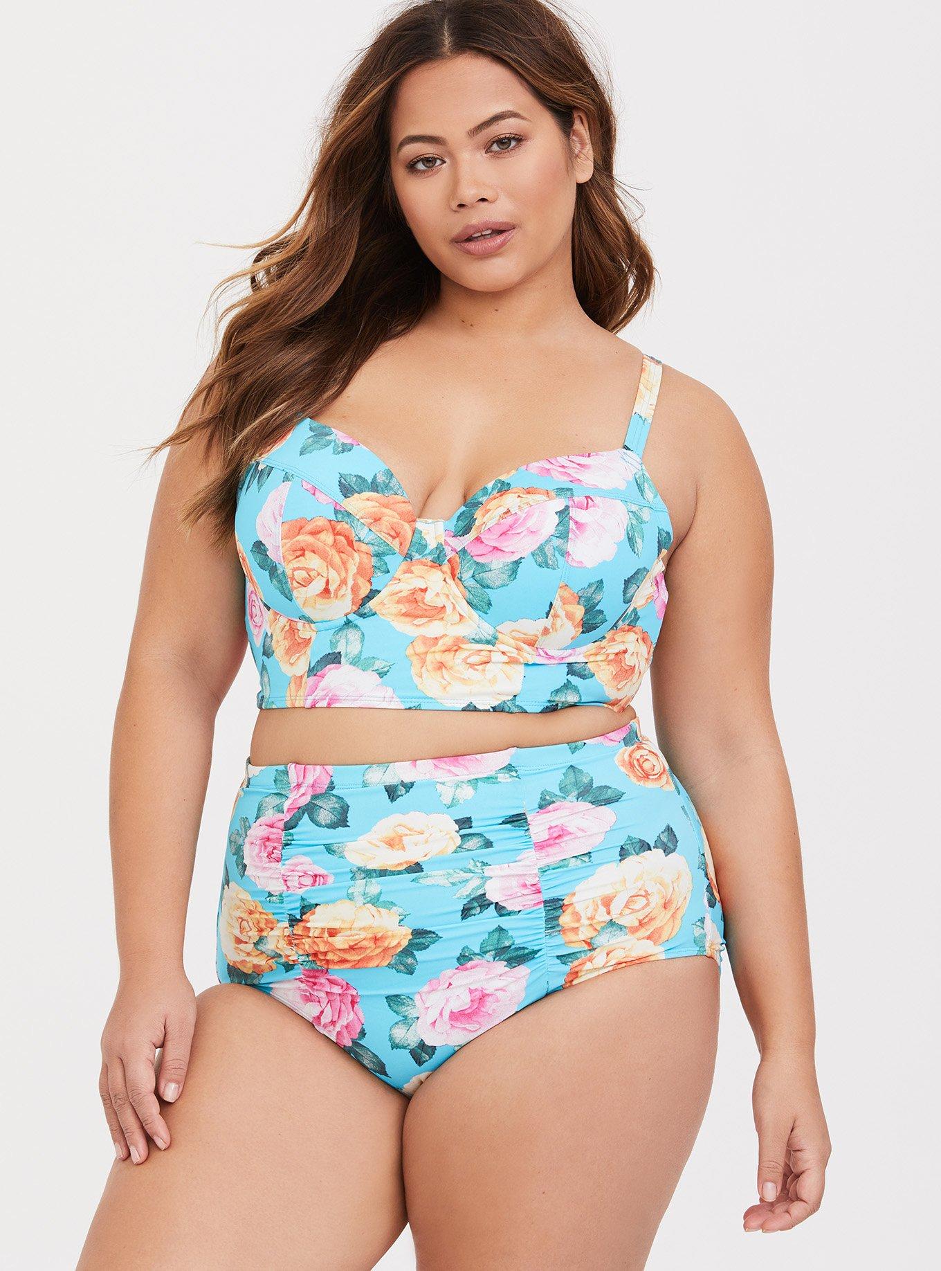 Aqua Blue Floral Underwire Bikini Top, , hi-res