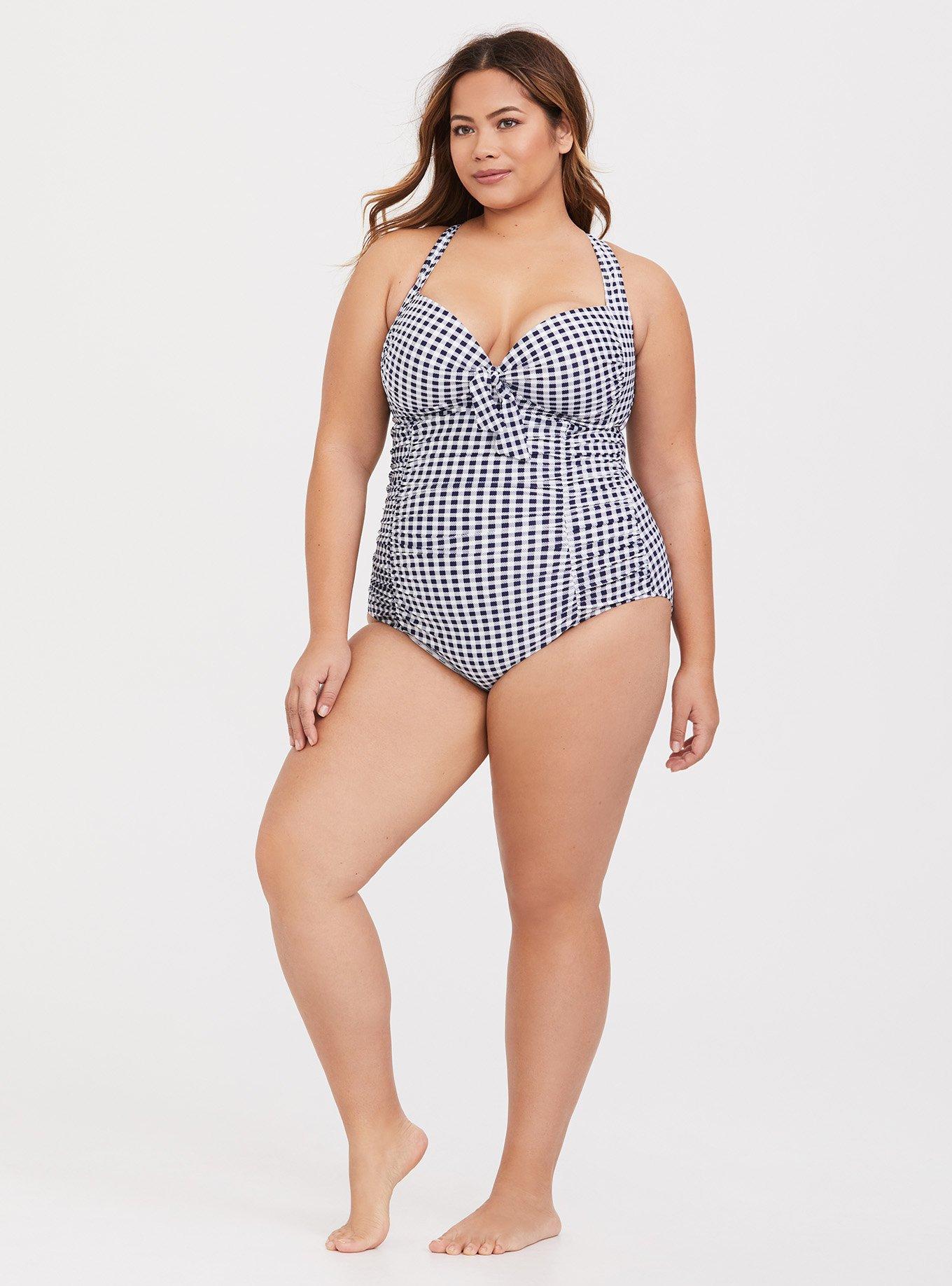 Plus Size Navy Gingham Tie Front Wireless Ruched One Piece Swimsuit Torrid