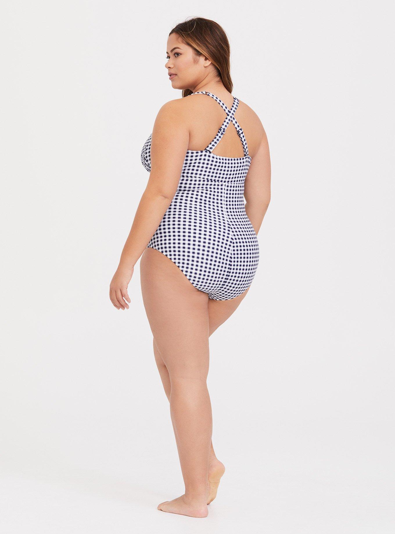 Plus Size - Navy Gingham Tie Front Wireless Ruched One-Piece