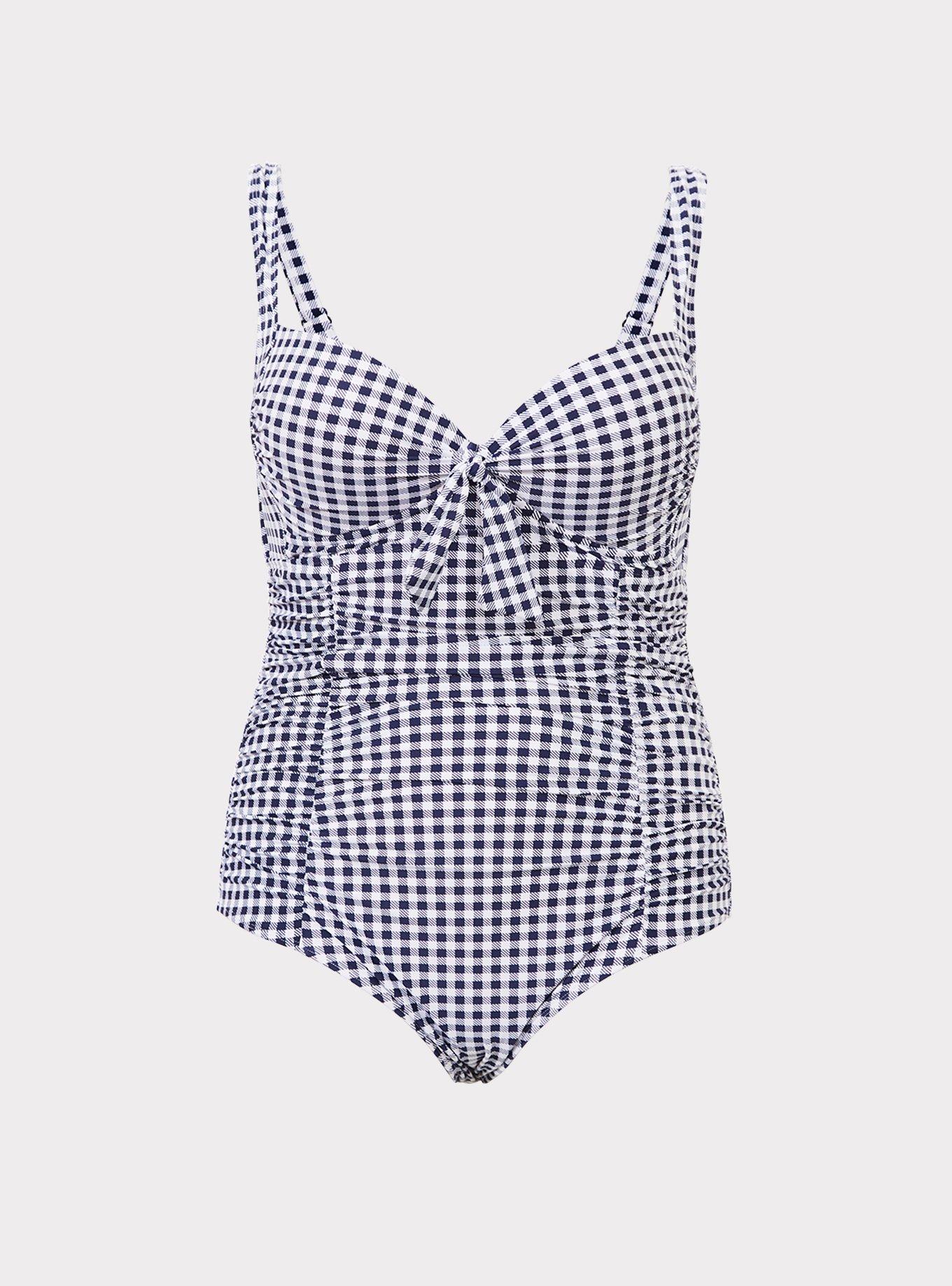 Navy Gingham Tie Front Wireless Ruched One-Piece Swimsuit, , hi-res