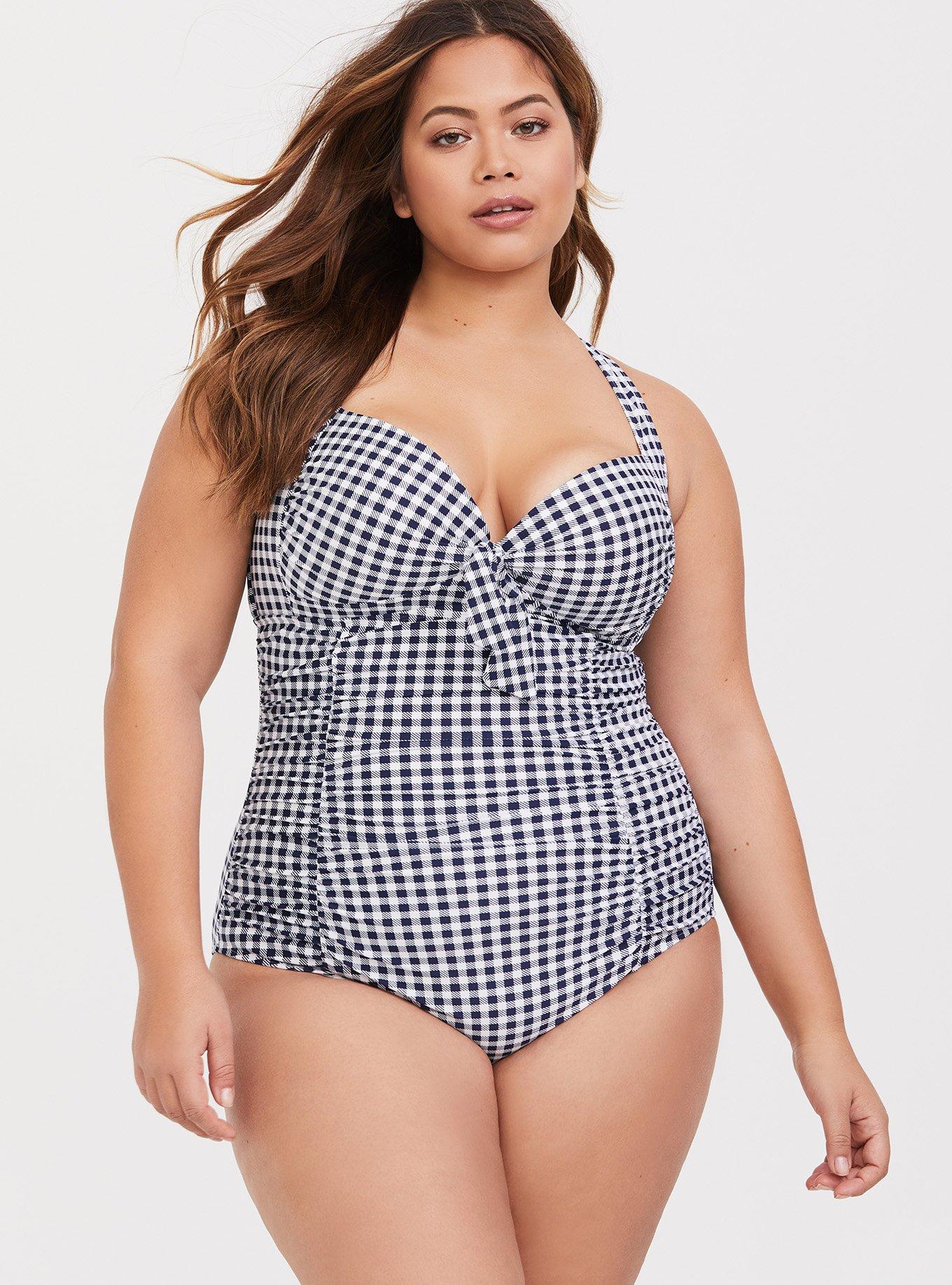 Navy Gingham Tie Front Wireless Ruched One-Piece Swimsuit, , hi-res