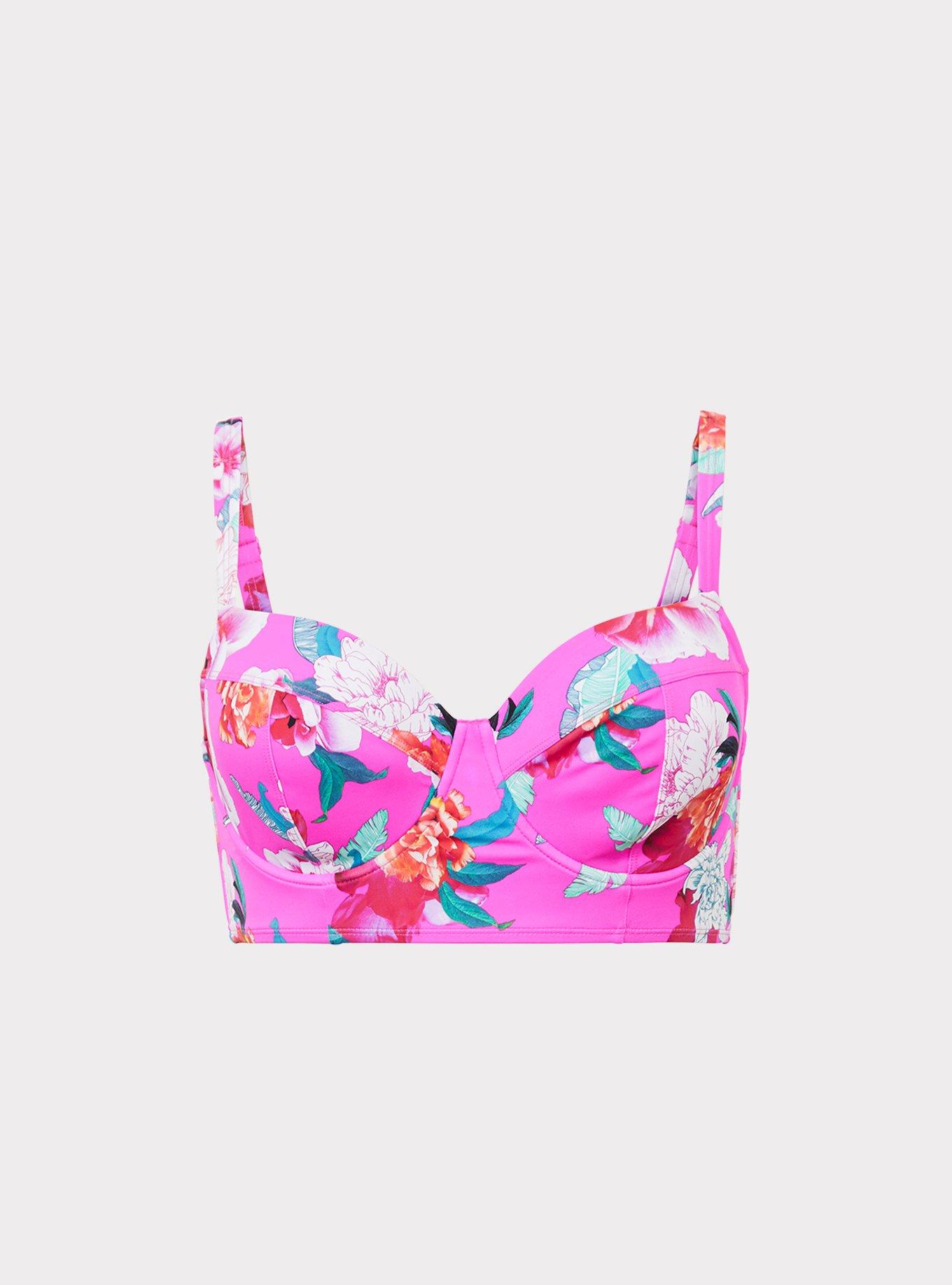 Plus Size Neon Pink Floral Underwire Bikini Top, , hi-res