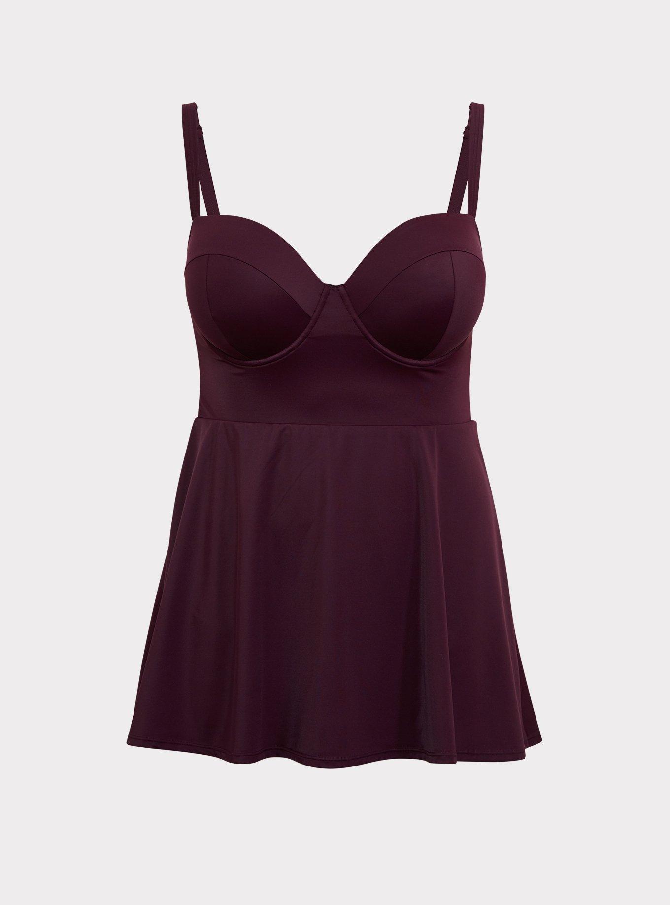 Plus Size Grape Purple Push-Up Demi Skater Swim Dress, , hi-res