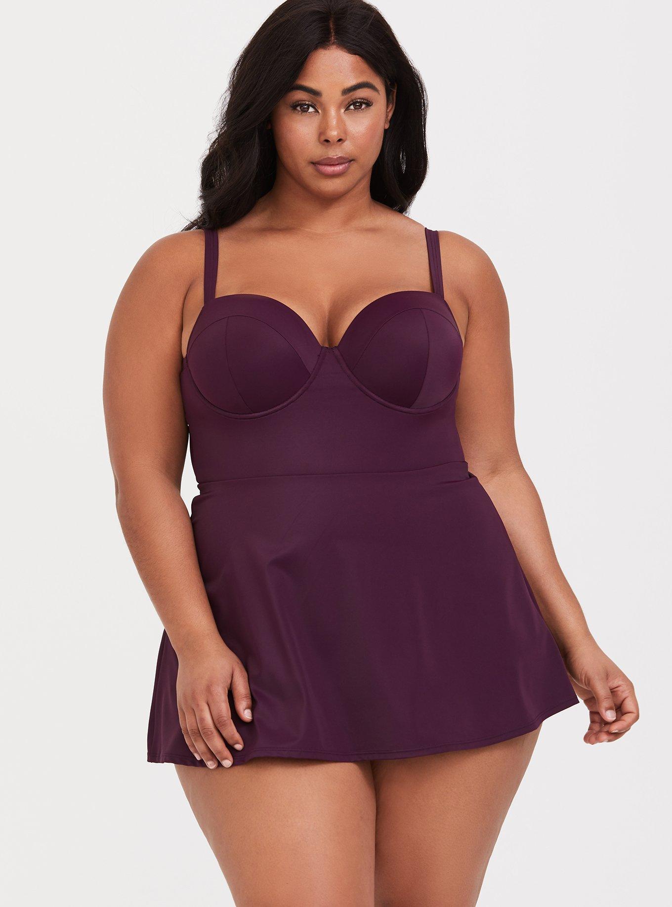 Plus Size Grape Purple Push-Up Demi Skater Swim Dress, , hi-res