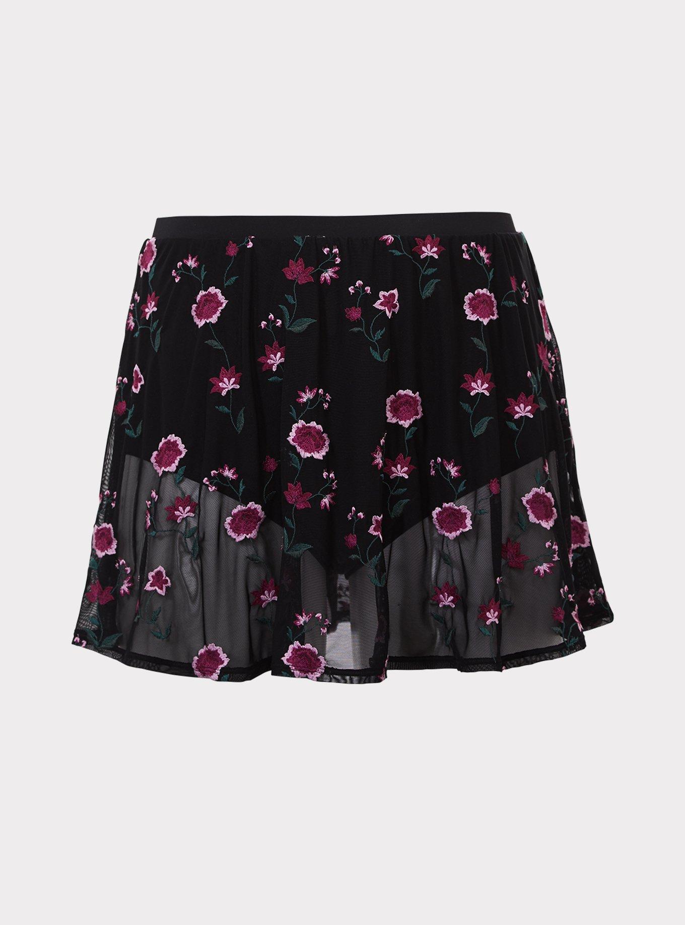 Black Floral Mesh Swim Skirt, , hi-res