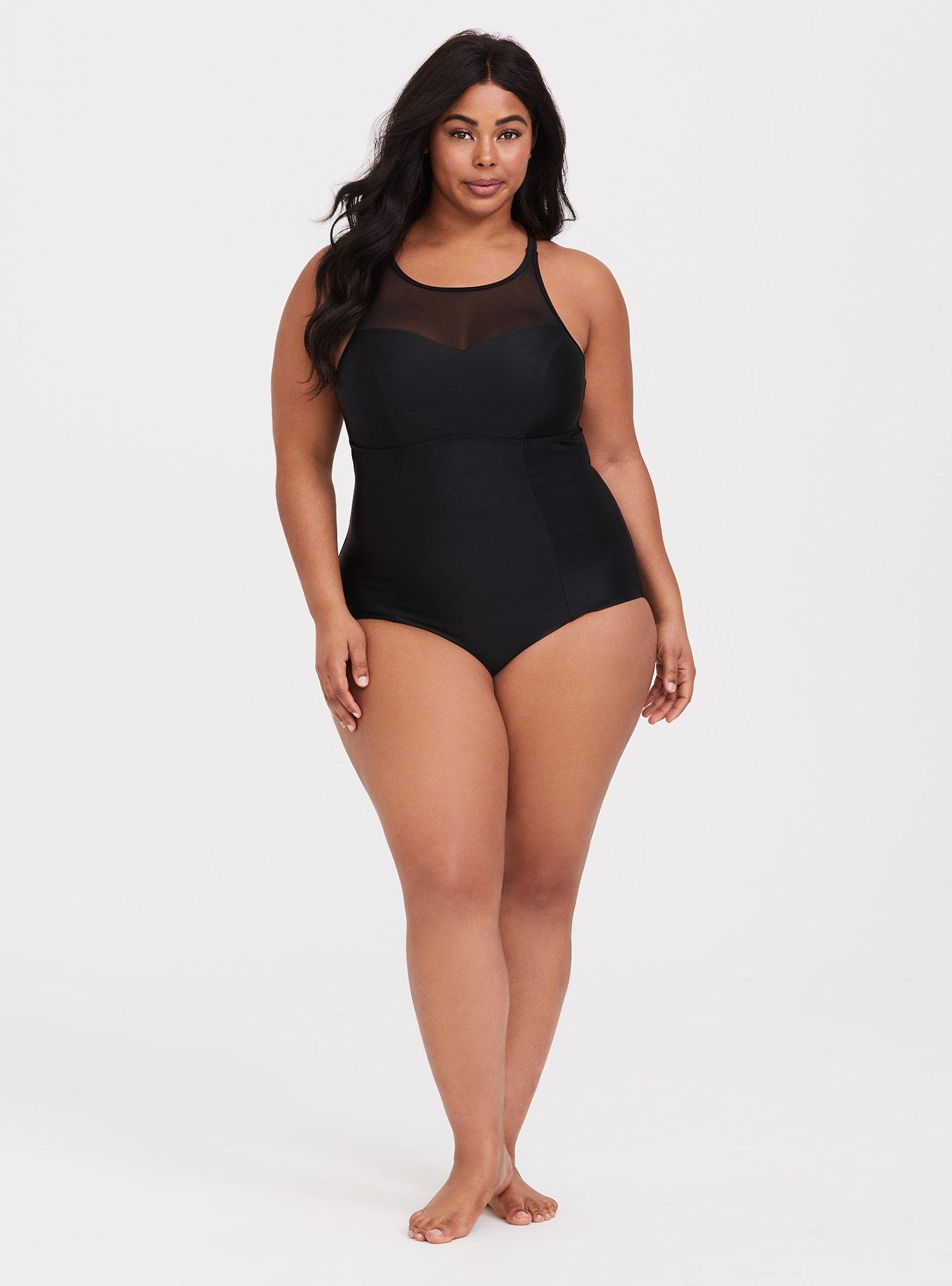 Active Wireless Mesh High Neck One Piece Swimsuit, DEEP BLACK, alternate