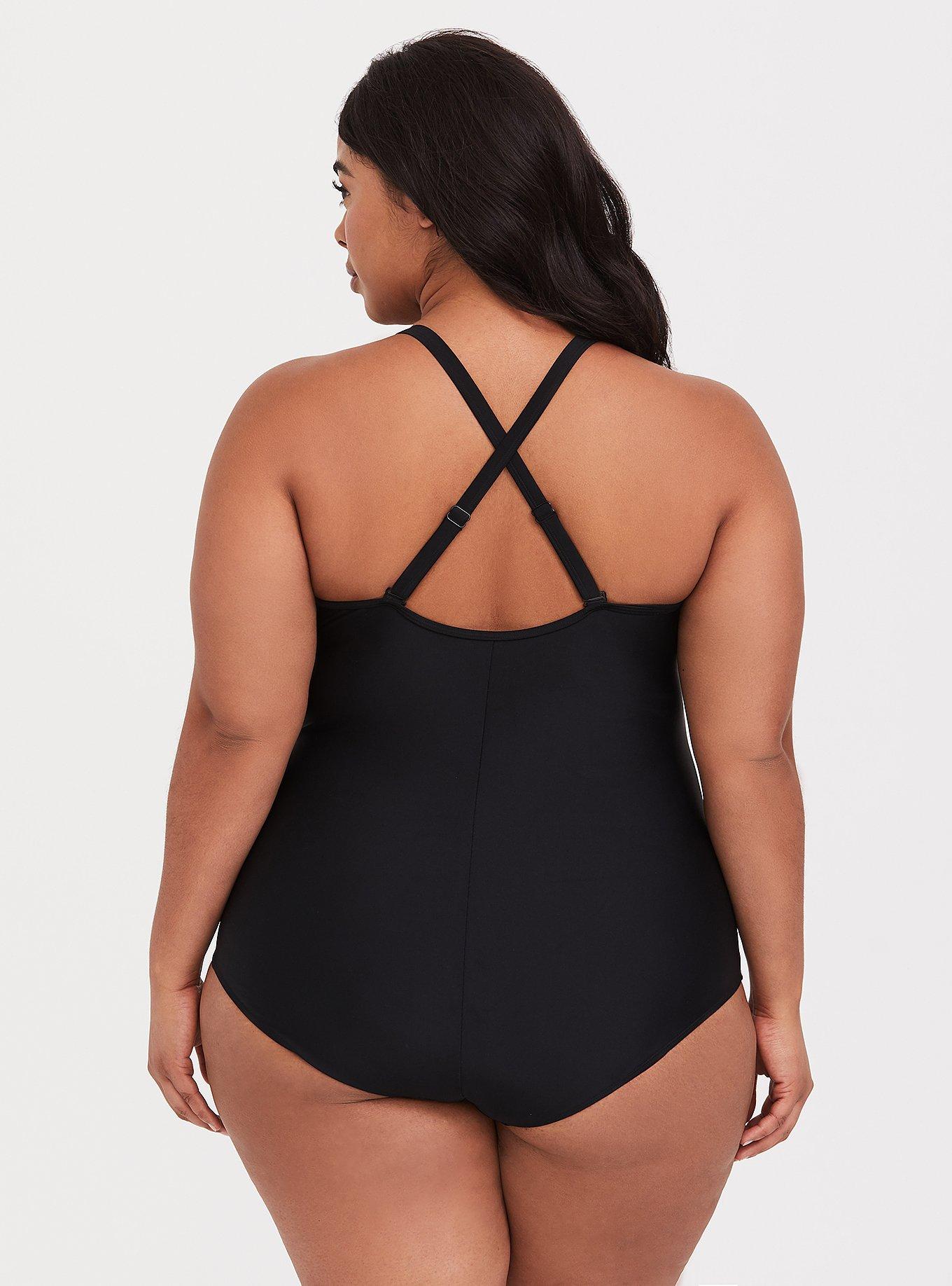 Active Wireless Mesh High Neck One Piece Swimsuit, DEEP BLACK, alternate