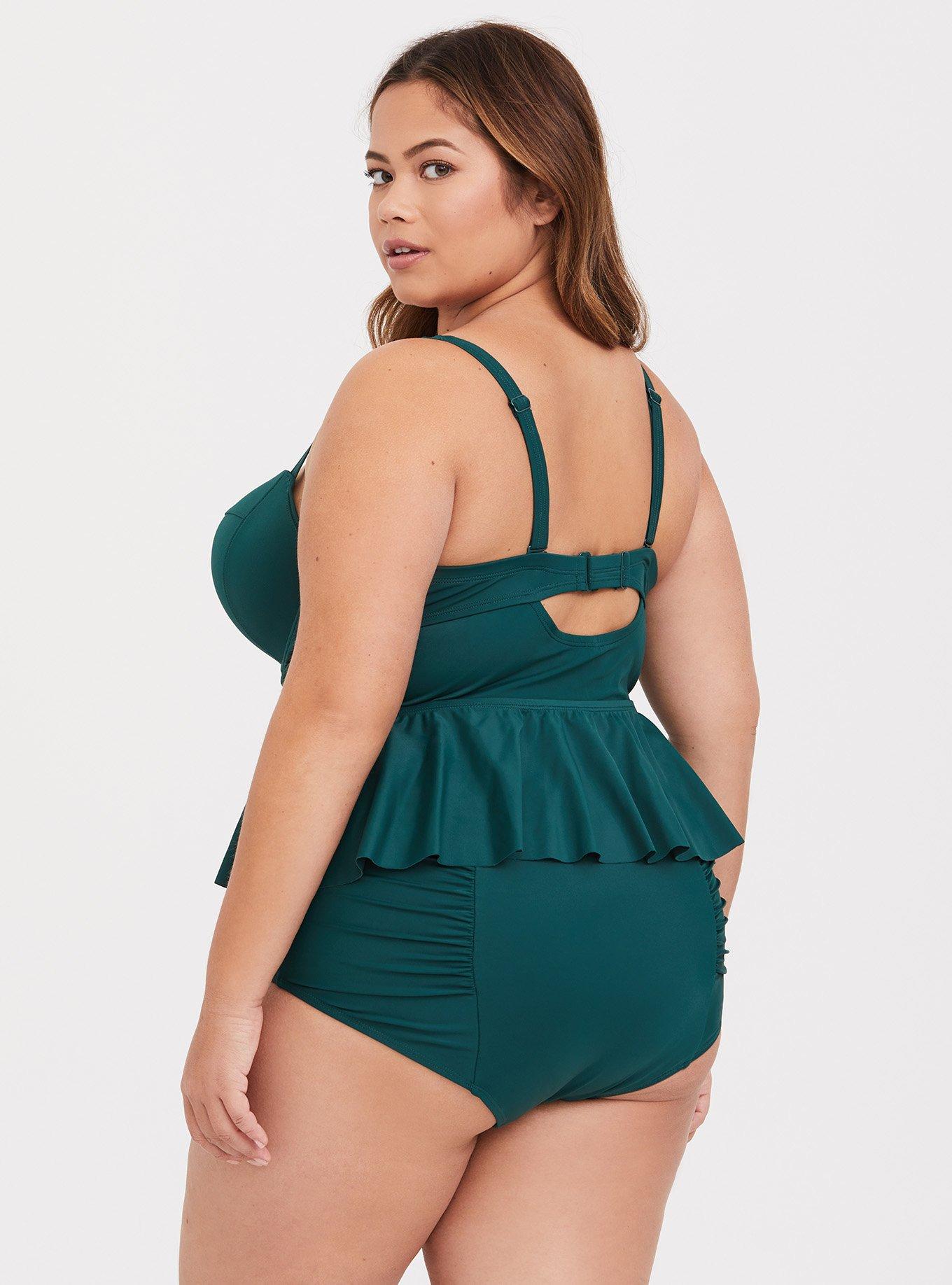 Plus Size Green Push-Up Demi Peplum Midkini Top, GREEN, alternate